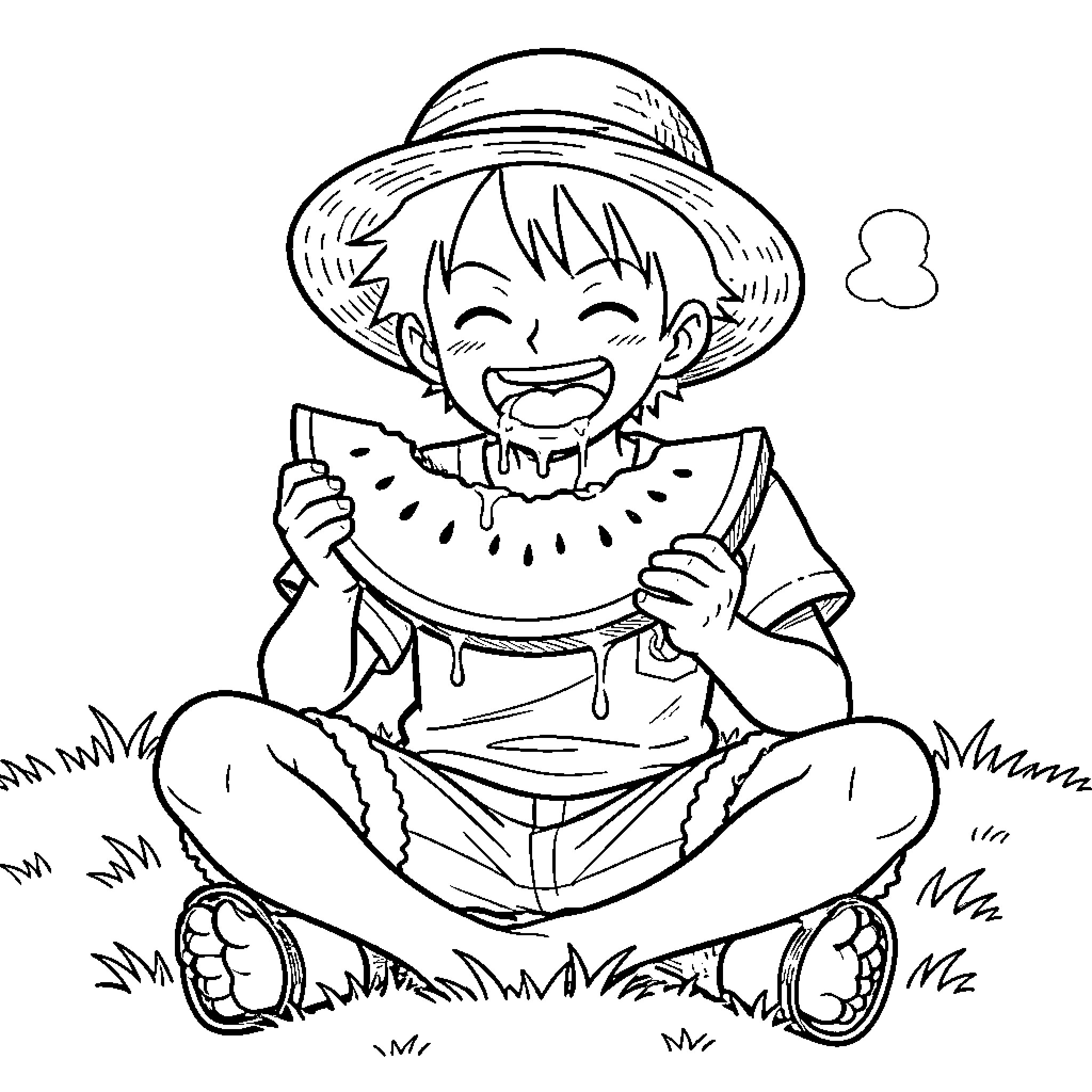 Luffy happily eating a large slice of watermelon Coloring Page (free black-and-white line drawing printable PDF for all, from beginners to advanced learners, including children, teens, adults, and seniors)