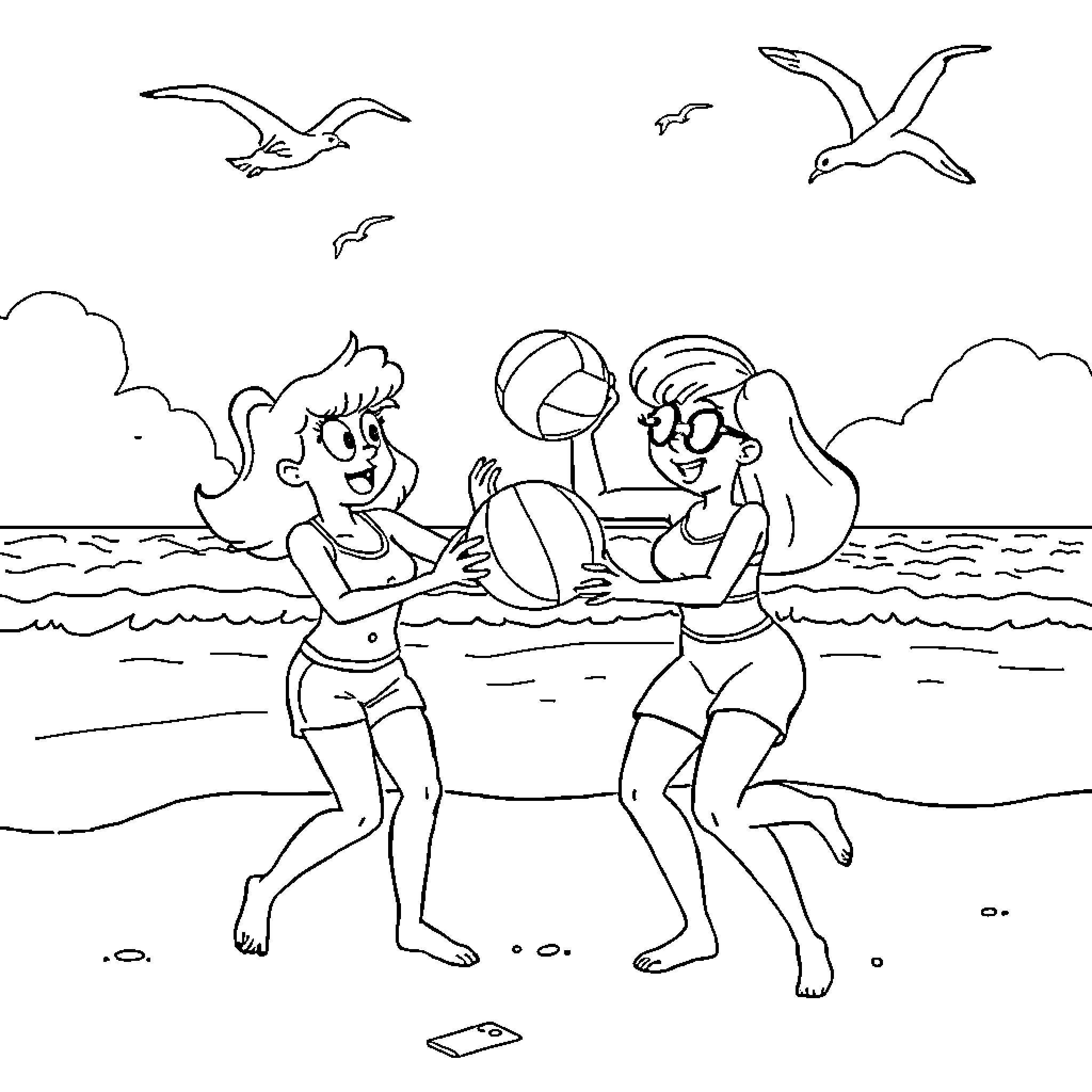 Daphne and friends playing in the ocean Coloring Page (free black-and-white line drawing printable PDF for all, from beginners to advanced learners, including children, teens, adults, and seniors)