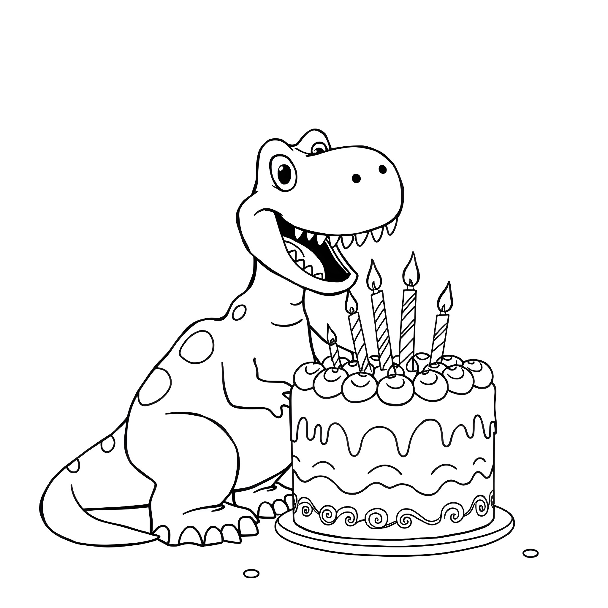 Dinosaur celebrating birthday with cake Coloring Page (free black-and-white line drawing printable PDF for all, from beginners to advanced learners, including children, teens, adults, and seniors)