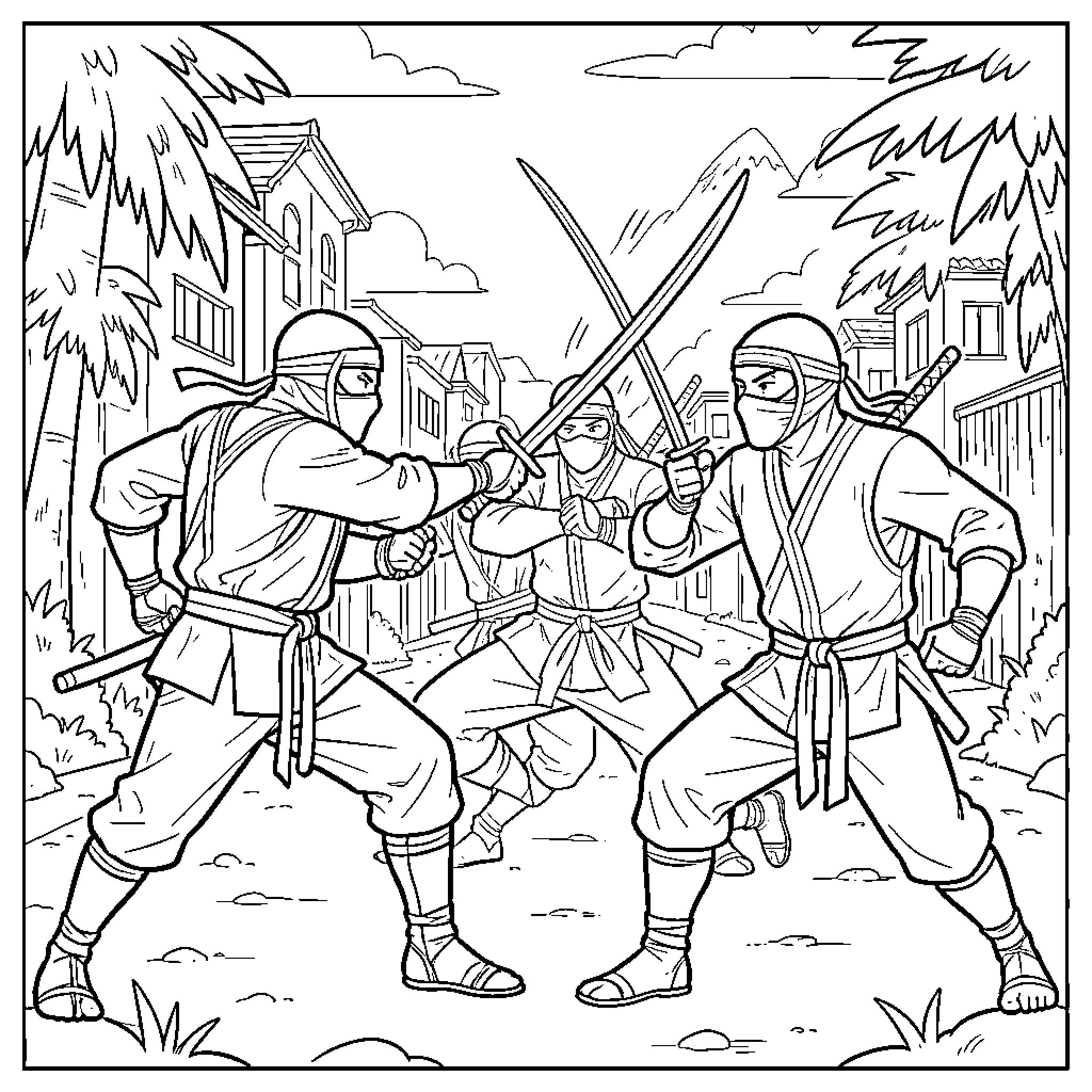 Ninja warriors engaged in an intense sword battle Coloring Page (free black-and-white line drawing printable PDF for all, from beginners to advanced learners, including children, teens, adults, and seniors)