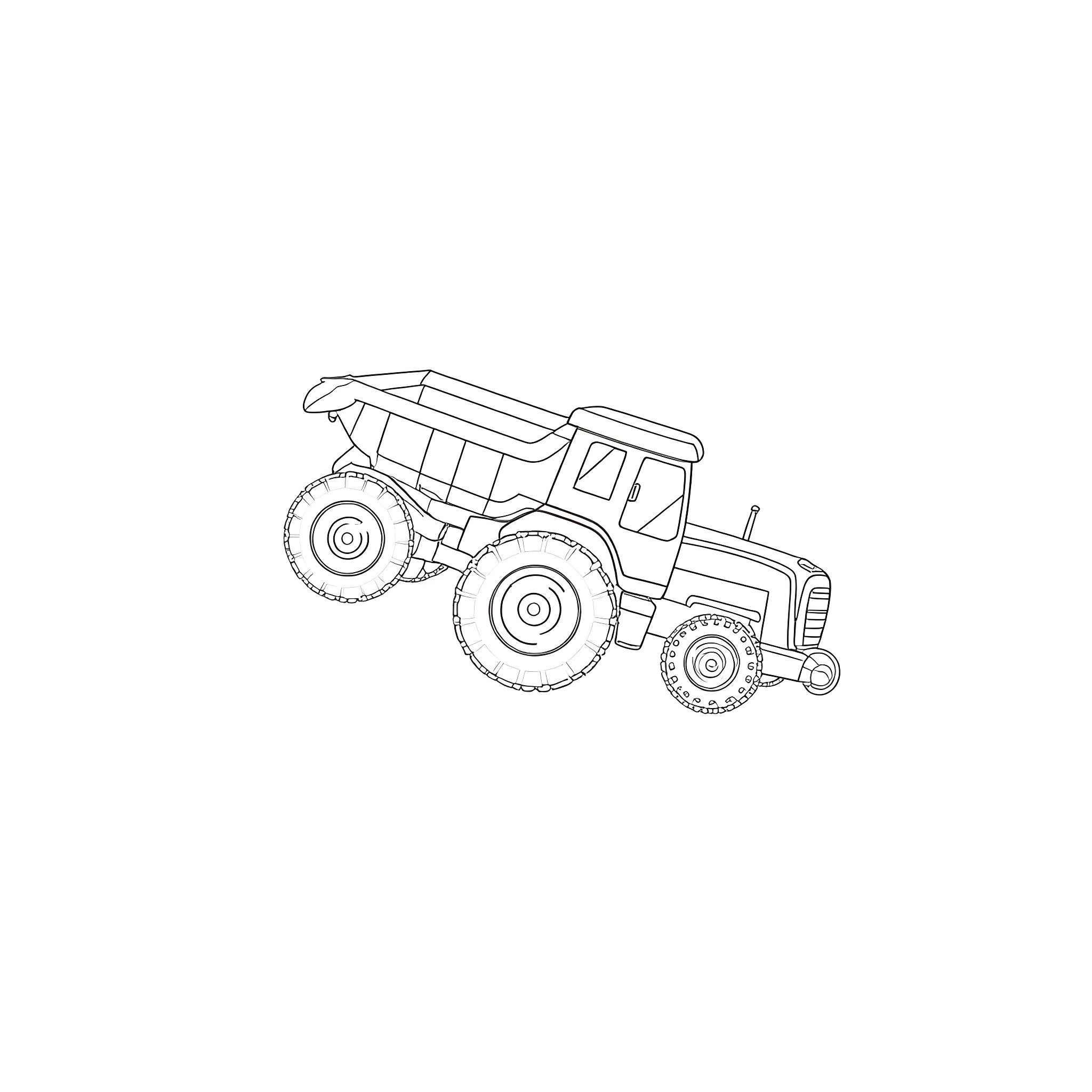 Tractor hauling heavy load in work site Coloring Page (free black-and-white line drawing printable PDF for all, from beginners to advanced learners, including children, teens, adults, and seniors)