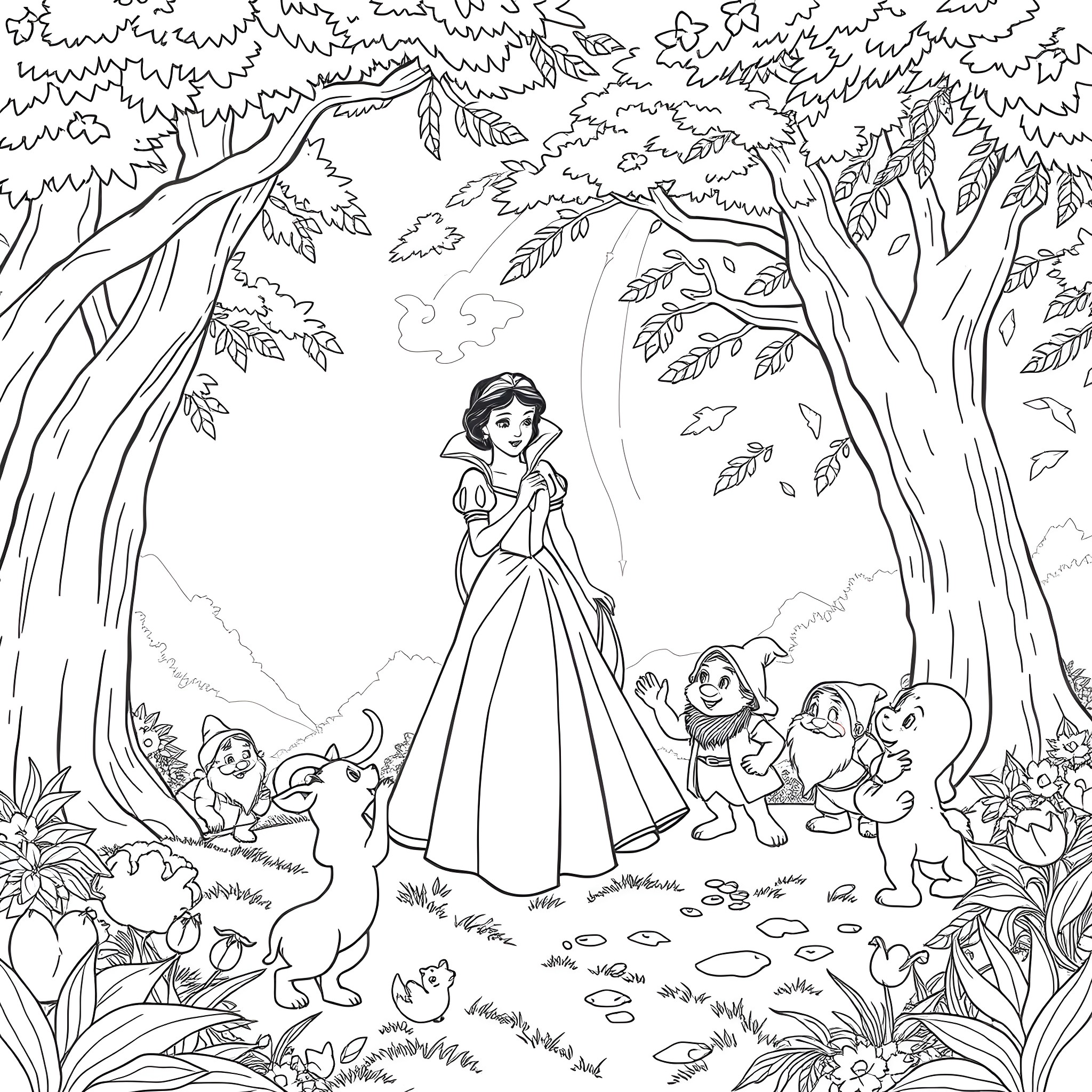 Snow White wandering in the enchanted forest Coloring Page (free black-and-white line drawing printable PDF for all, from beginners to advanced learners, including children, teens, adults, and seniors)