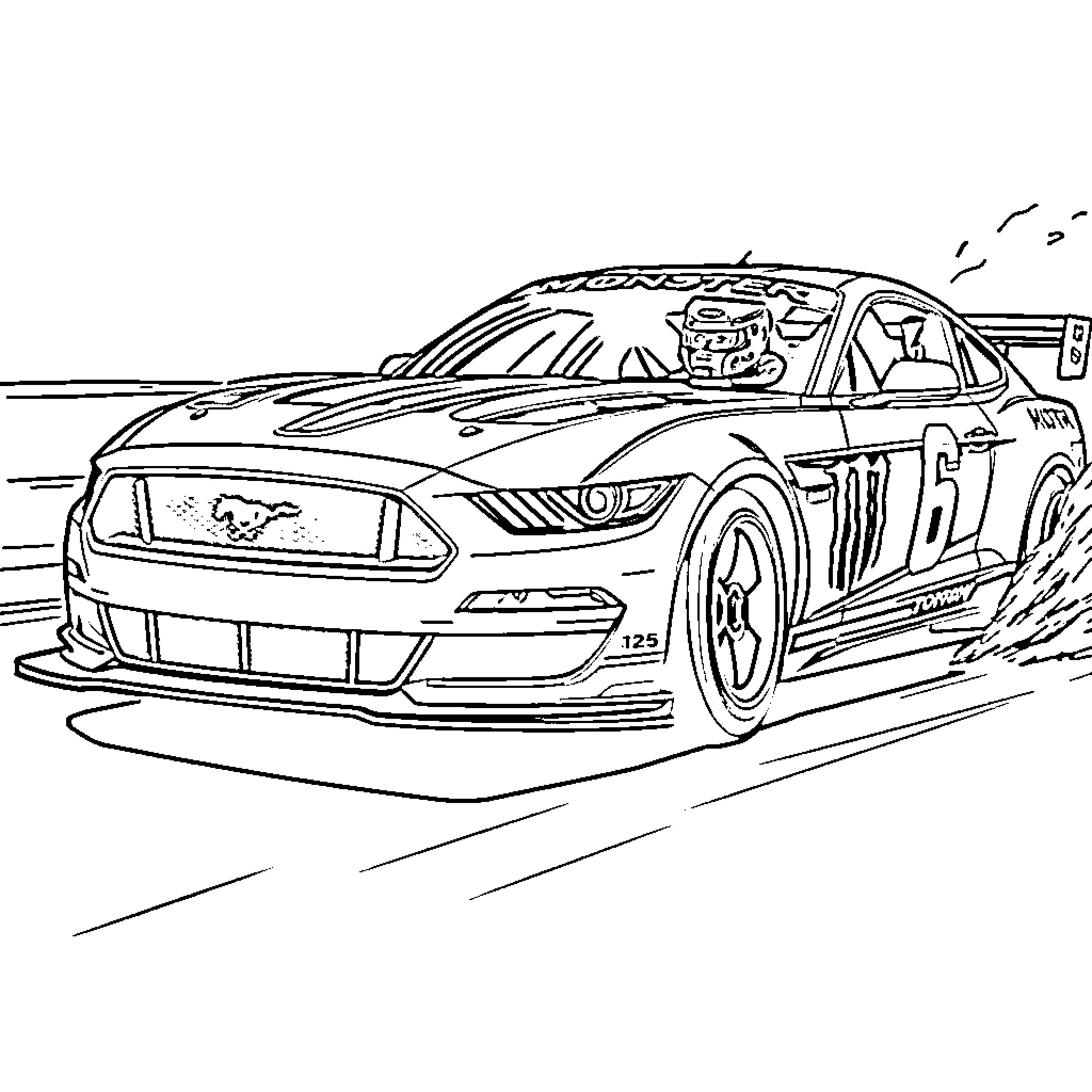 Ford Mustang race car in action on the track Coloring Page (free black-and-white line drawing printable PDF for all, from beginners to advanced learners, including children, teens, adults, and seniors)
