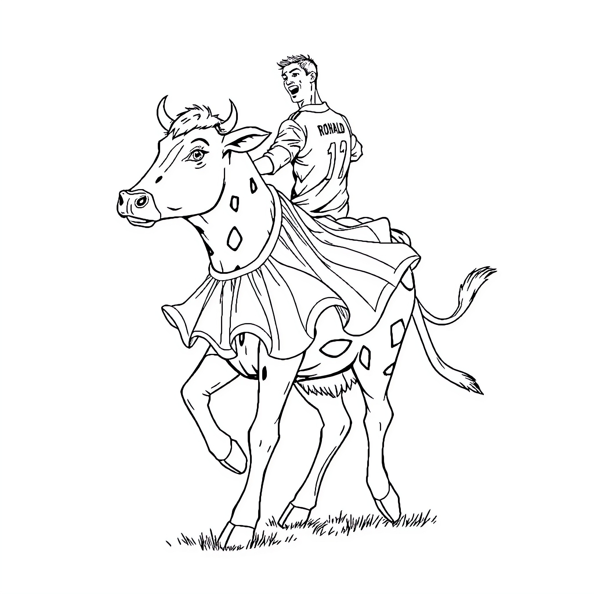 Kuh Rider Traversing the Meadow Coloring Page (free black-and-white line drawing printable PDF for all, from beginners to advanced learners, including children, teens, adults, and seniors)