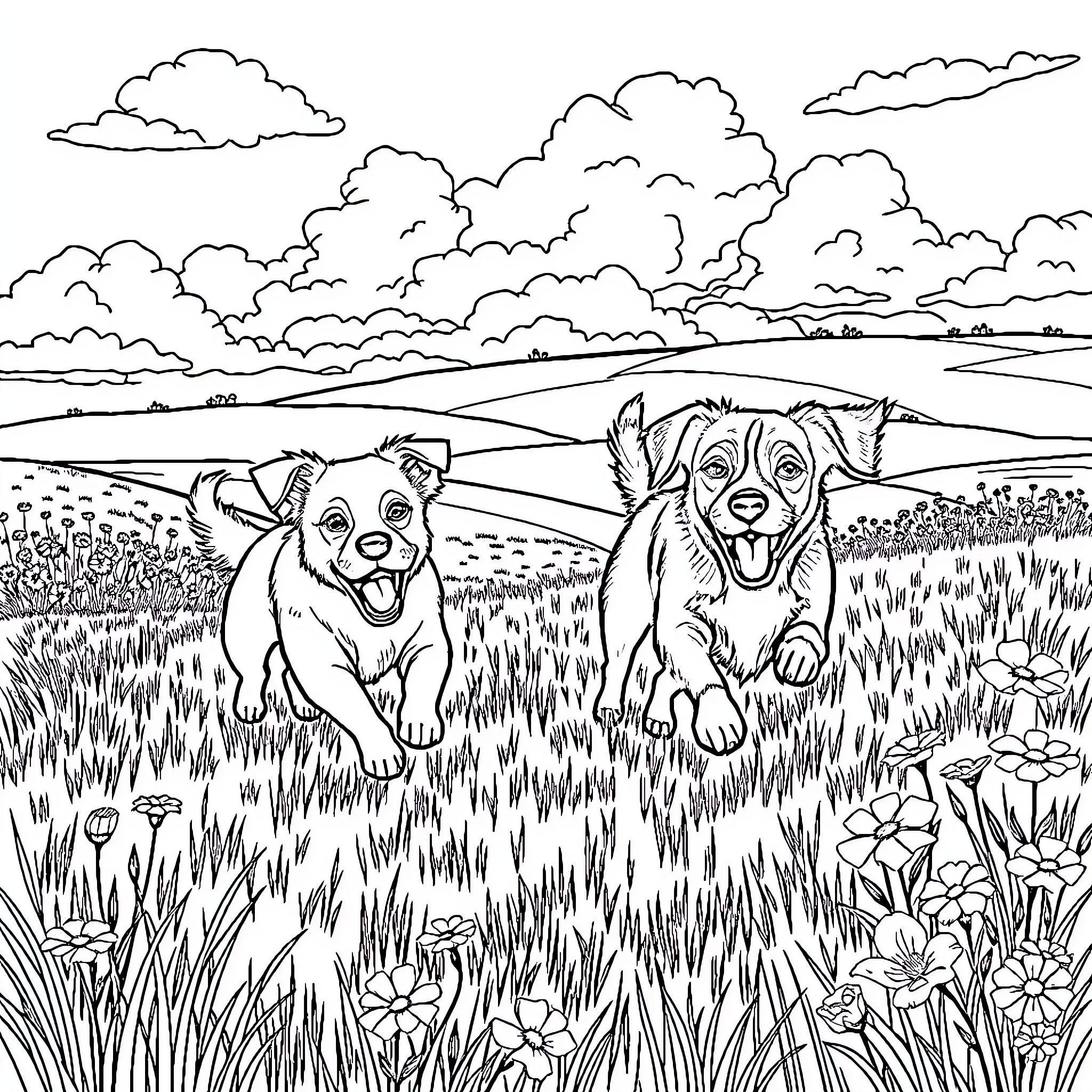 Dogs playing happily in a grassy field Coloring Page (free black-and-white line drawing printable PDF for all, from beginners to advanced learners, including children, teens, adults, and seniors)