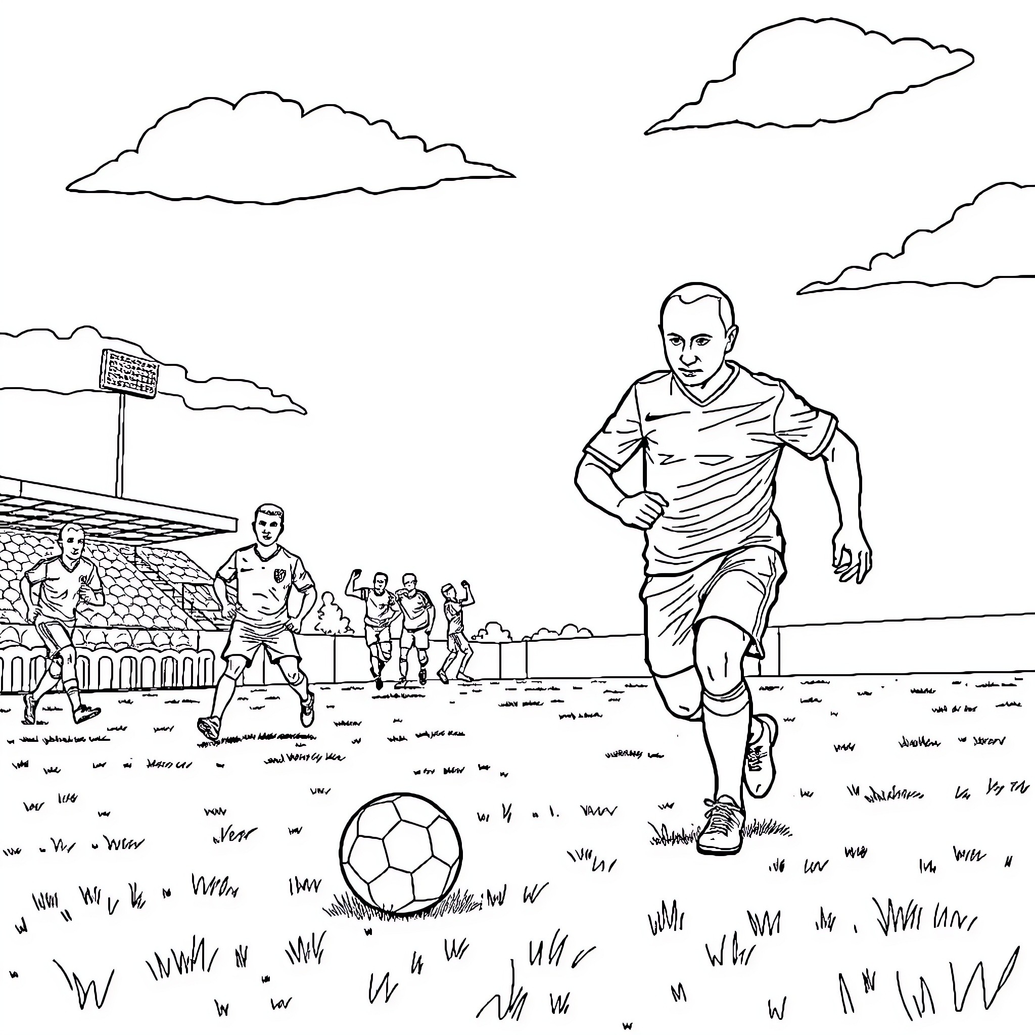 Putin playing soccer on a field with spectators Coloring Page (free black-and-white line drawing printable PDF for all, from beginners to advanced learners, including children, teens, adults, and seniors)