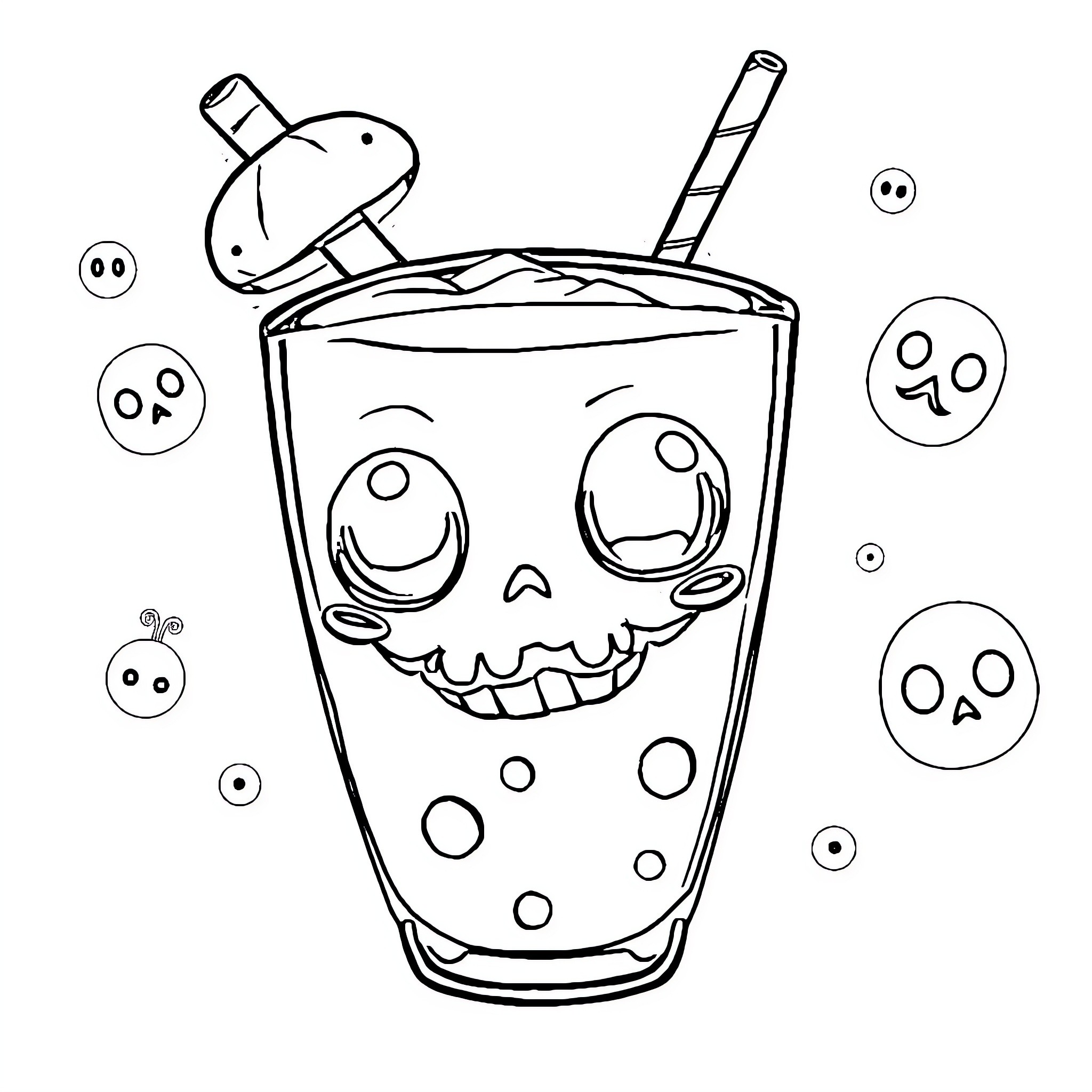 Boba drink with amusing facial expressions Coloring Page (free black-and-white line drawing printable PDF for all, from beginners to advanced learners, including children, teens, adults, and seniors)
