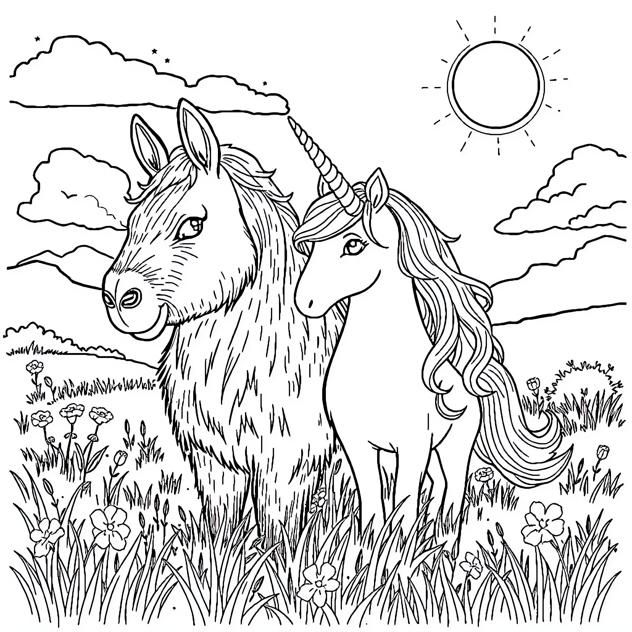 Capybara and Unicorn in Idyllic Meadow Coloring Page (free black-and-white line drawing printable PDF for all, from beginners to advanced learners, including children, teens, adults, and seniors)
