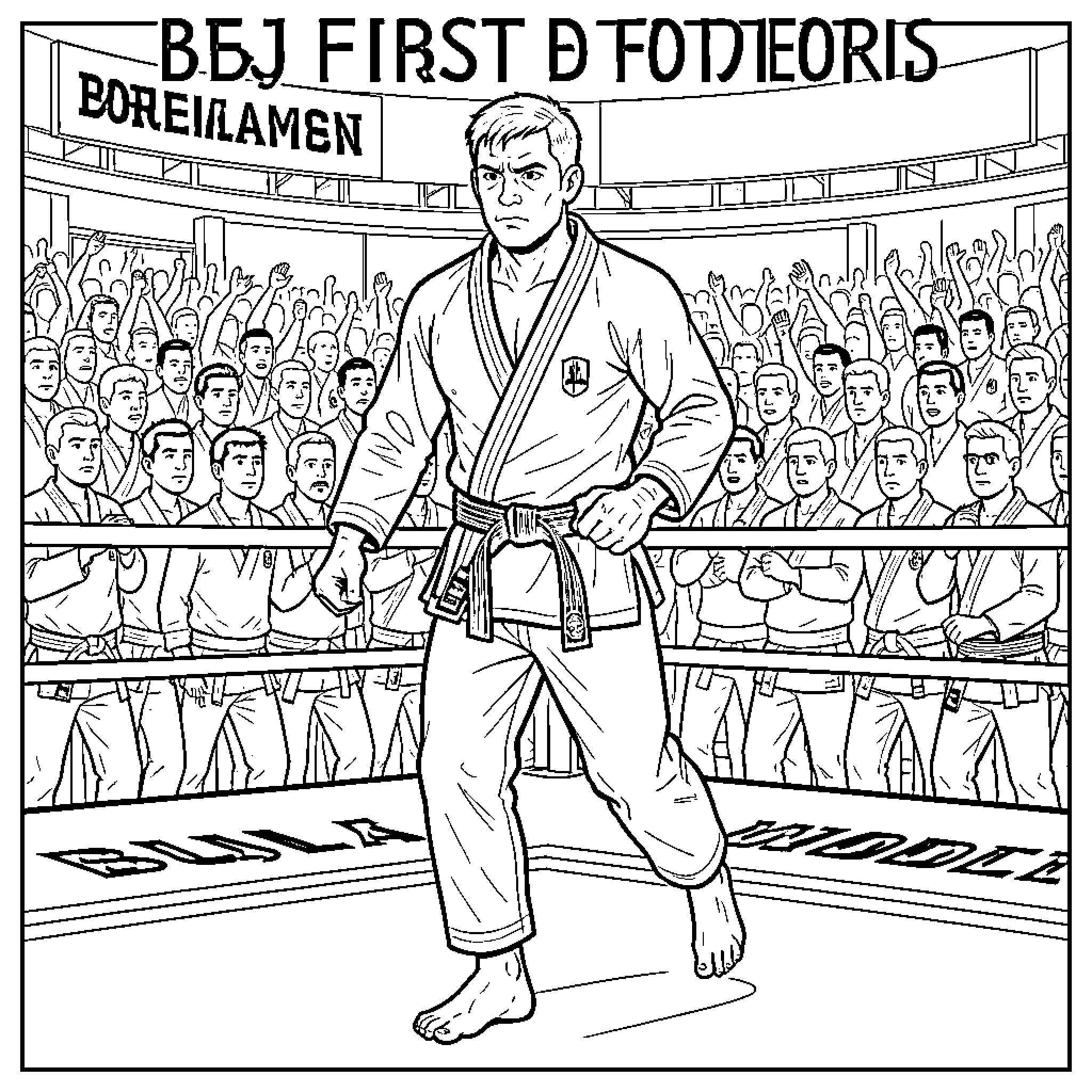BJJ Fighter standing confidently inside a crowded arena Coloring Page (free black-and-white line drawing printable PDF for all, from beginners to advanced learners, including children, teens, adults, and seniors)