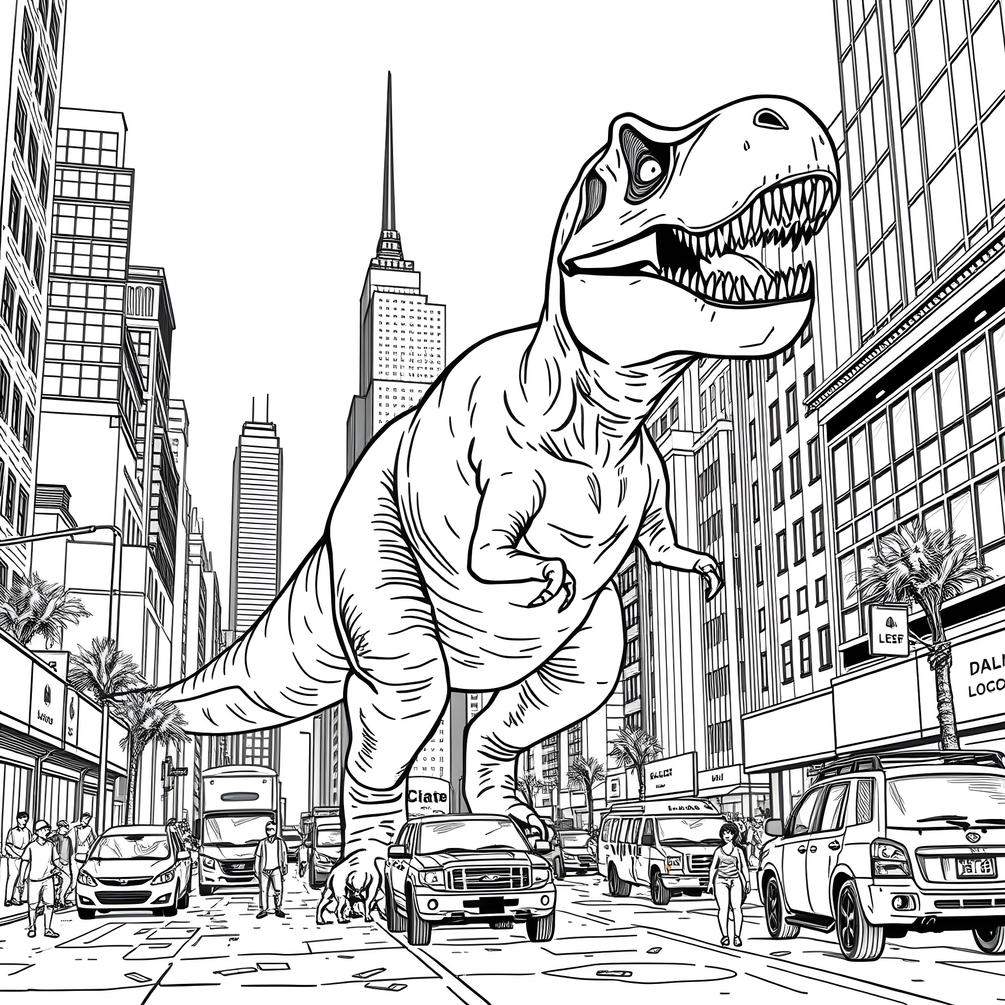 T-Rex Stomping Through the City Streets Coloring Page (free black-and-white line drawing printable PDF for all, from beginners to advanced learners, including children, teens, adults, and seniors)