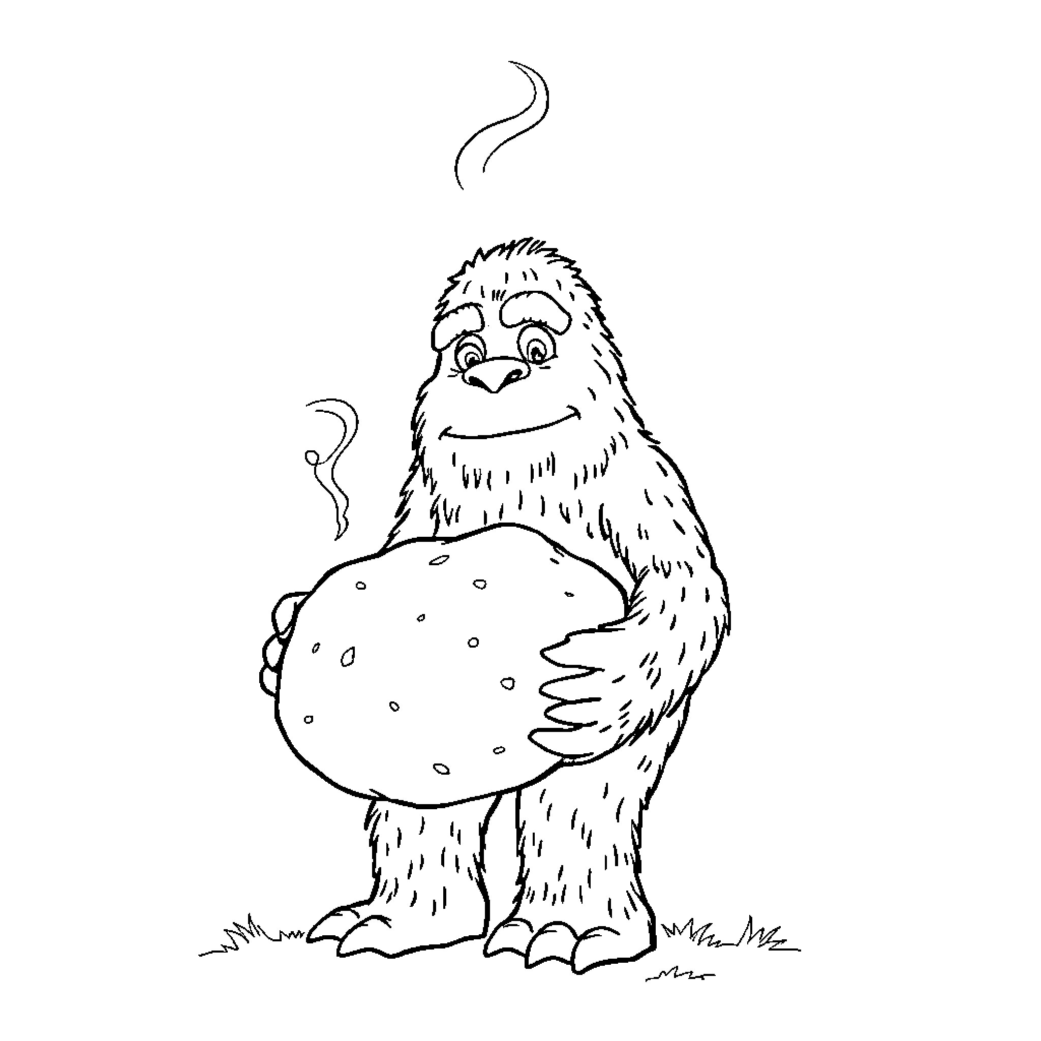 Bigfoot holding a giant cookie Coloring Page (free black-and-white line drawing printable PDF for all, from beginners to advanced learners, including children, teens, adults, and seniors)
