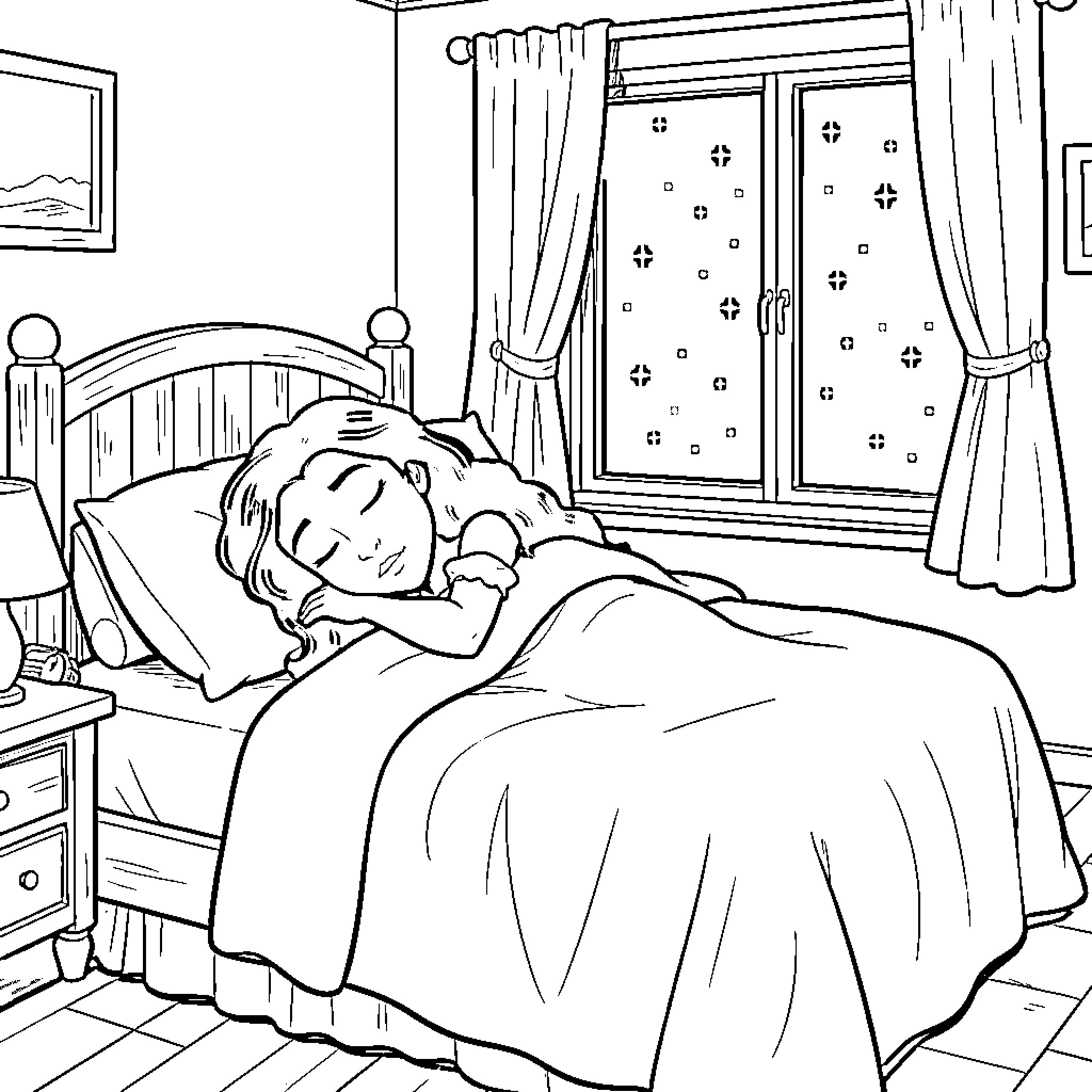 Vaiana sleeping peacefully in her bedroom Coloring Page (free black-and-white line drawing printable PDF for all, from beginners to advanced learners, including children, teens, adults, and seniors)