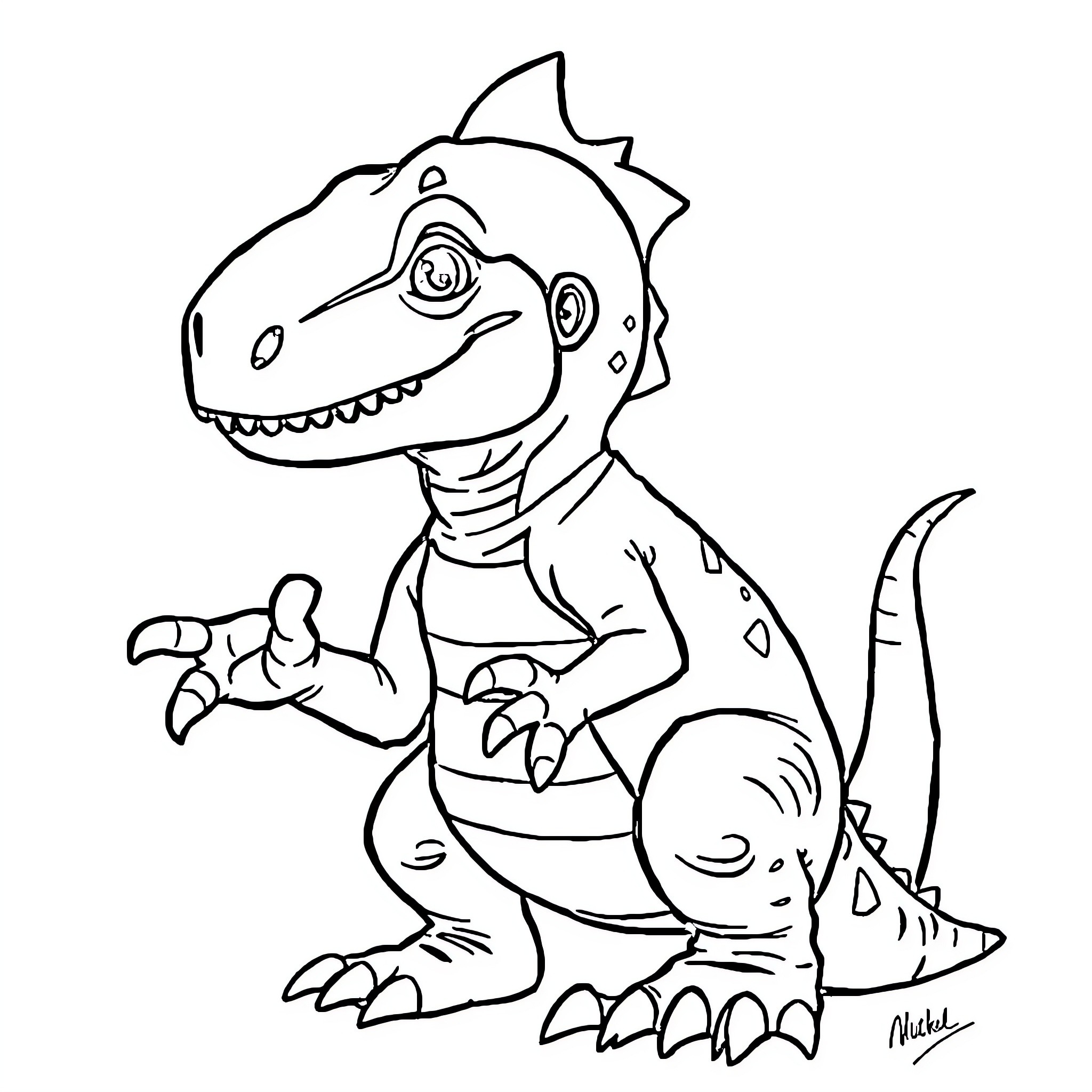 Mbappe the Friendly Dinosaur Character Coloring Page (free black-and-white line drawing printable PDF for all, from beginners to advanced learners, including children, teens, adults, and seniors)