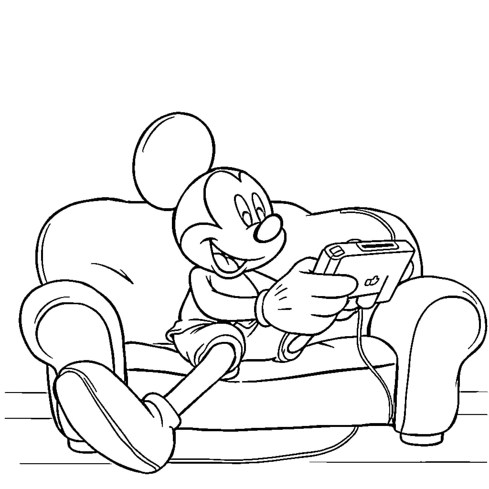 Mickey Mouse playing video game on sofa Coloring Page (free black-and-white line drawing printable PDF for all, from beginners to advanced learners, including children, teens, adults, and seniors)