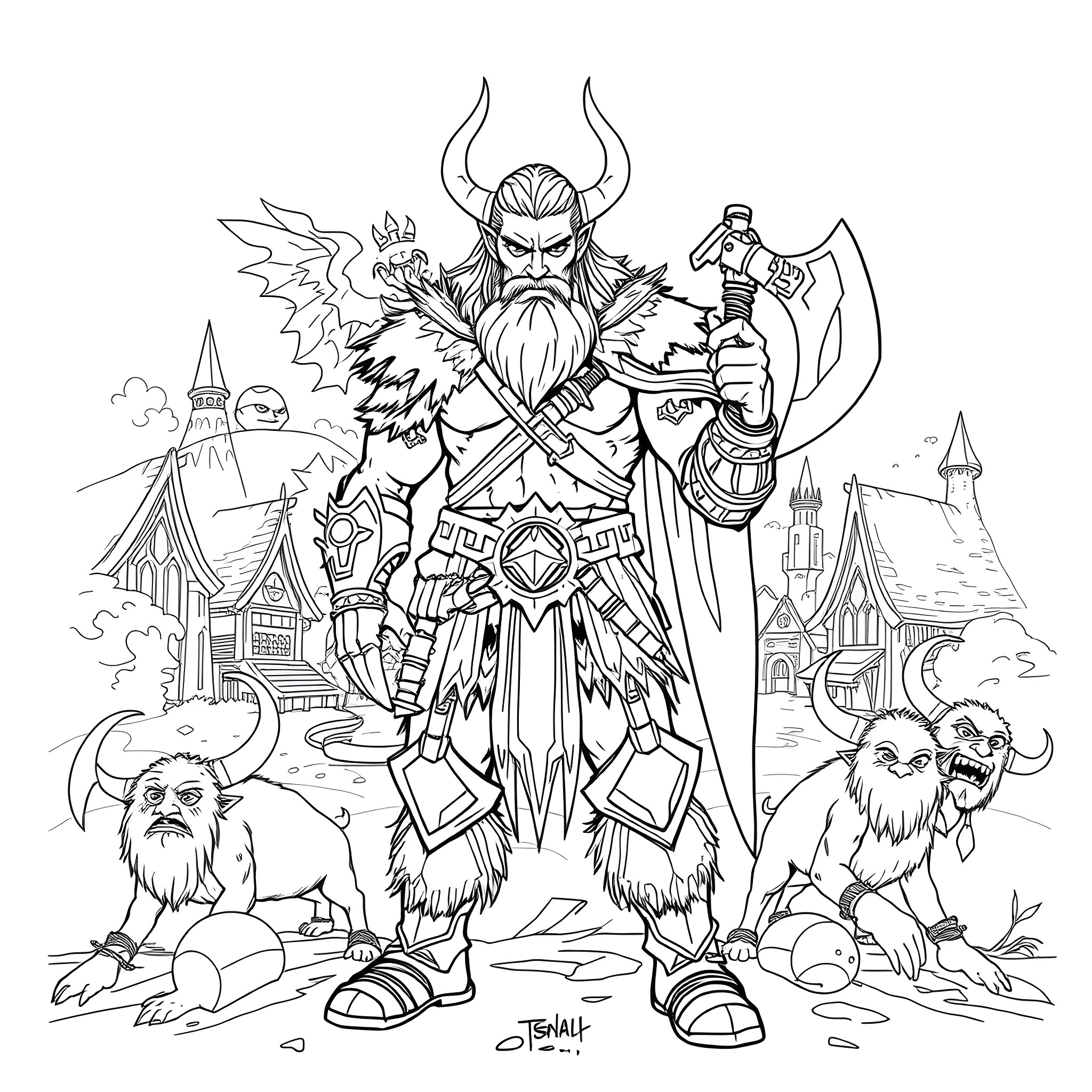 Draal the Fierce Viking Warrior in Battle Stance Coloring Page (free black-and-white line drawing printable PDF for all, from beginners to advanced learners, including children, teens, adults, and seniors)