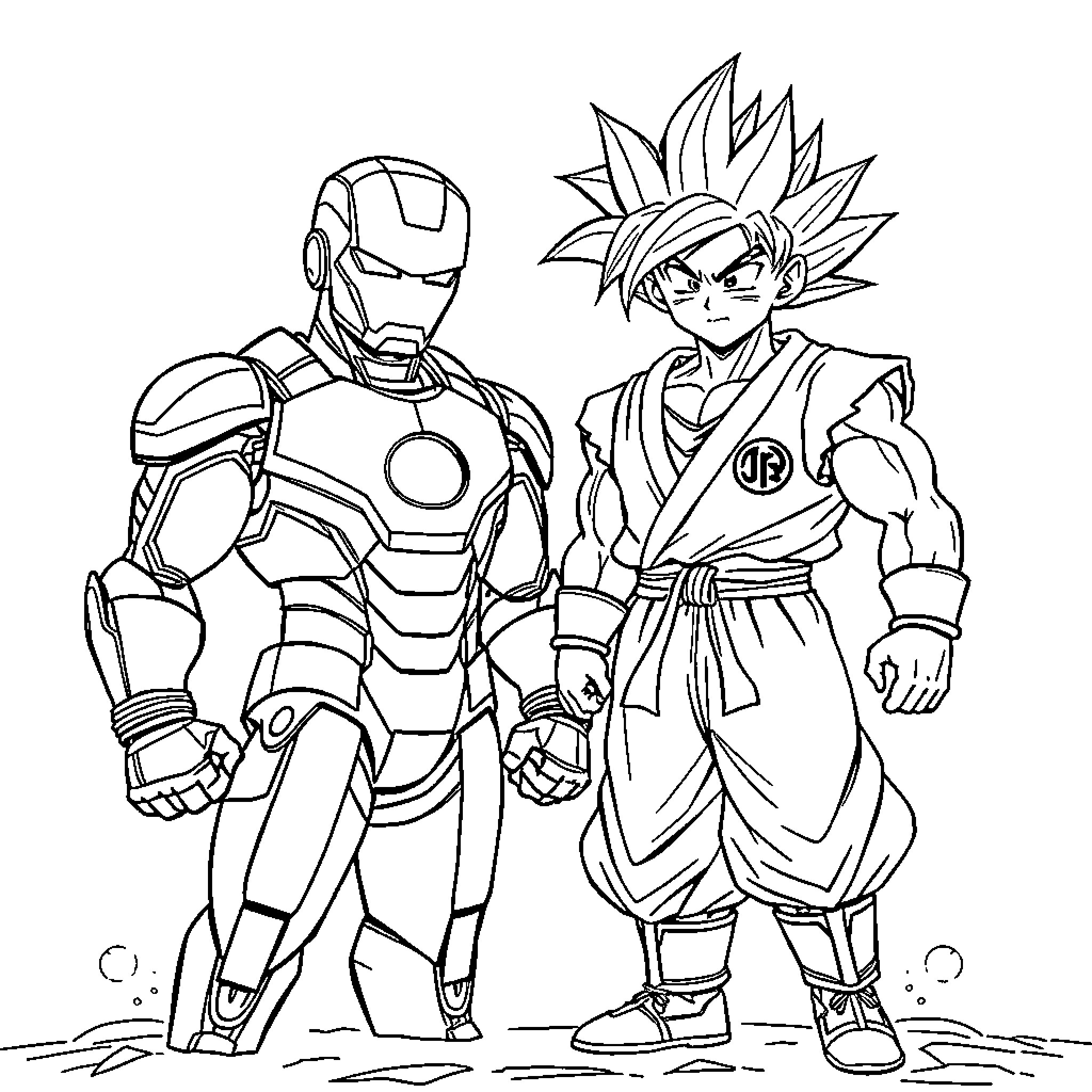 Ironman and Super Saiyan Hero Facing Off Coloring Page (free black-and-white line drawing printable PDF for all, from beginners to advanced learners, including children, teens, adults, and seniors)