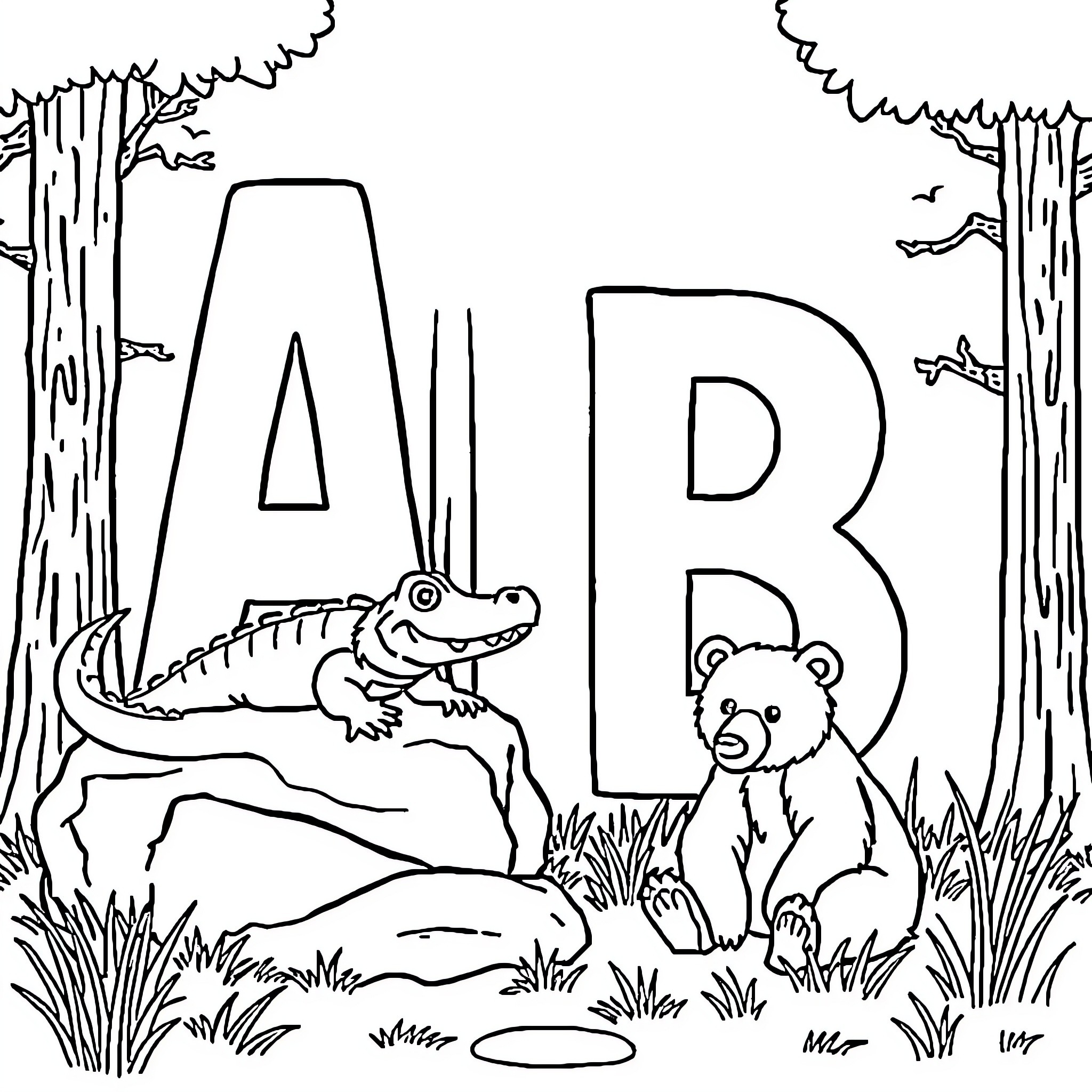 Letter Animals in the Forest Coloring Page (free black-and-white line drawing printable PDF for all, from beginners to advanced learners, including children, teens, adults, and seniors)