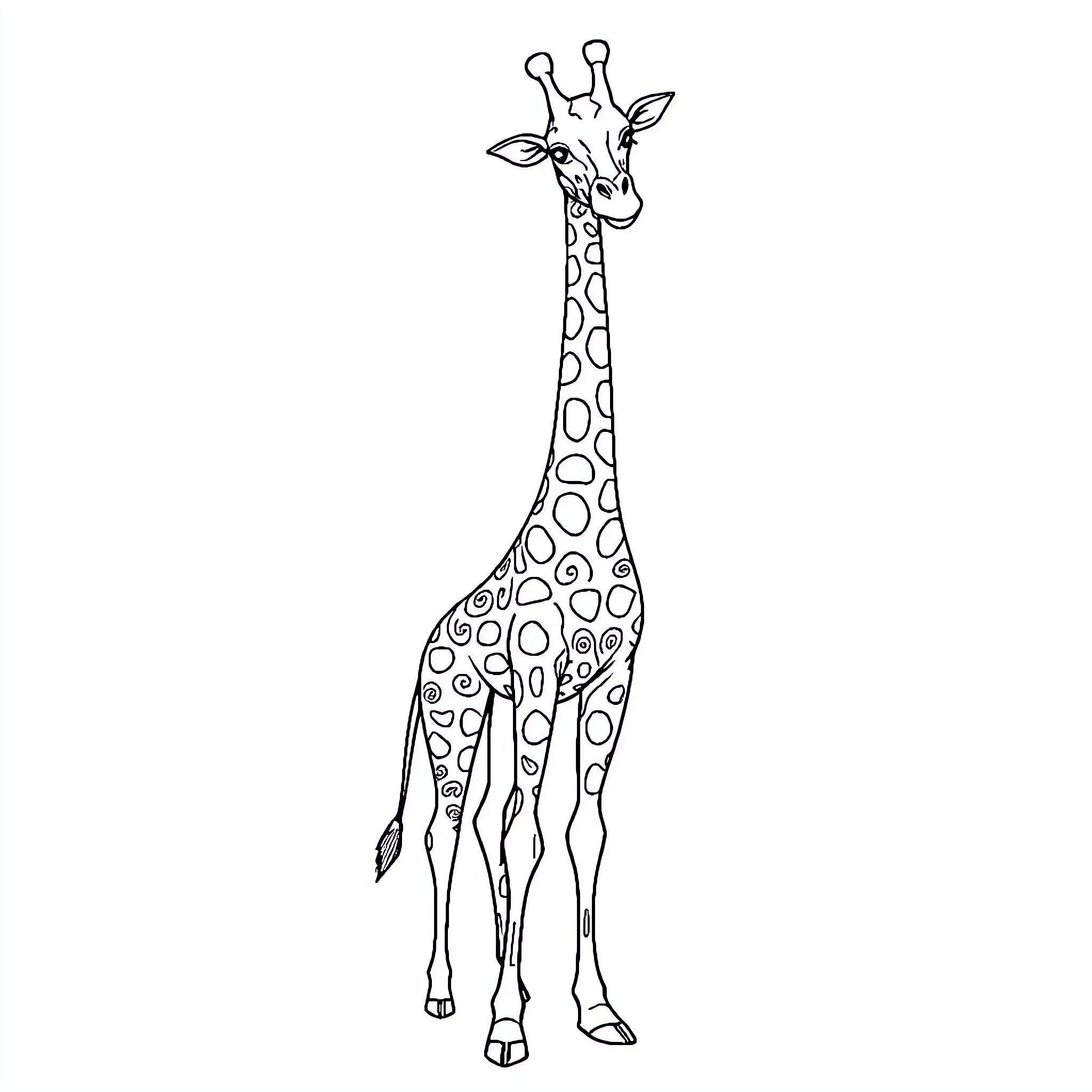 Giraffe standing tall and graceful Coloring Page (free black-and-white line drawing printable PDF for all, from beginners to advanced learners, including children, teens, adults, and seniors)