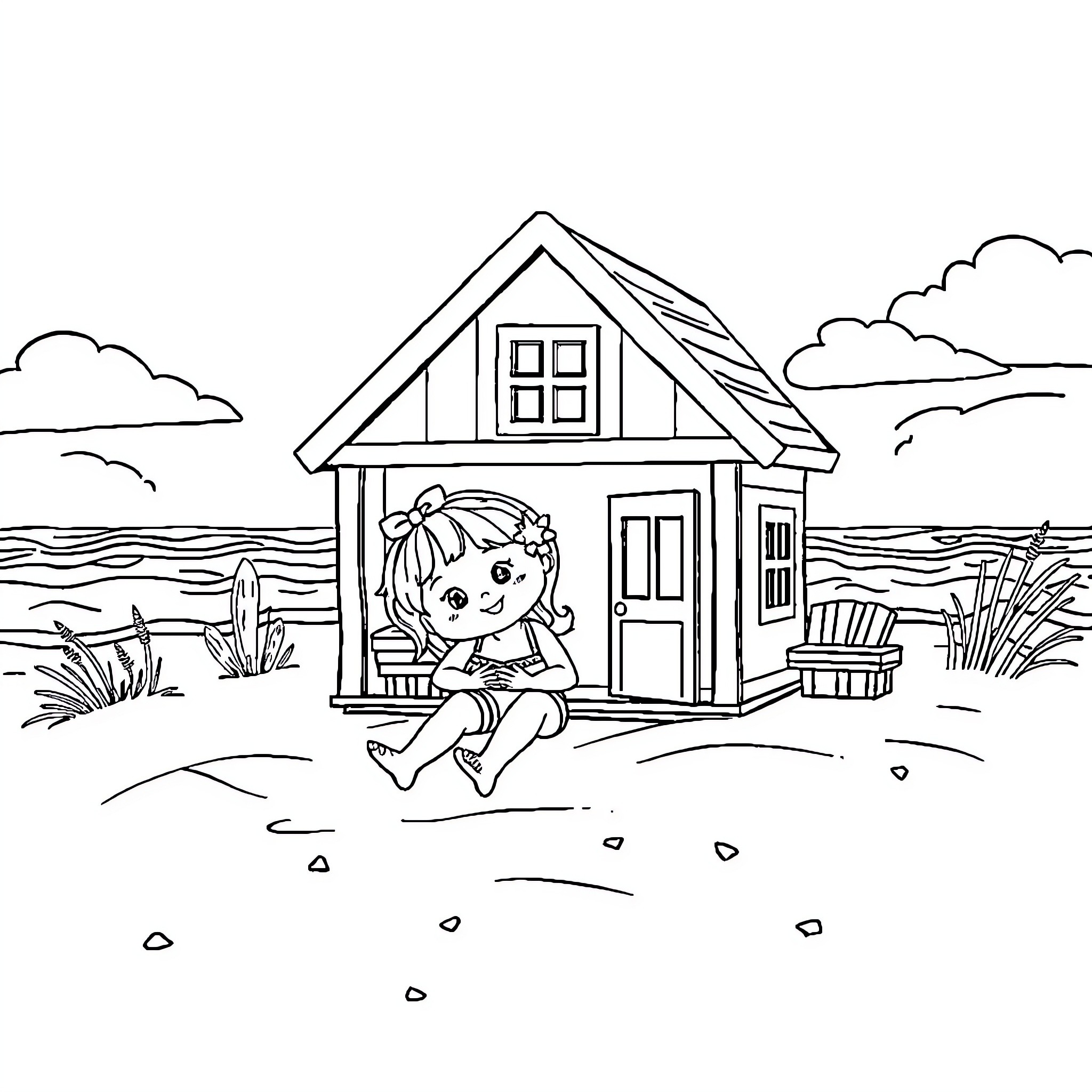 Gabby's Dollhouse: Girl exploring cozy cottage by the lake Coloring Page (free black-and-white line drawing printable PDF for all, from beginners to advanced learners, including children, teens, adults, and seniors)