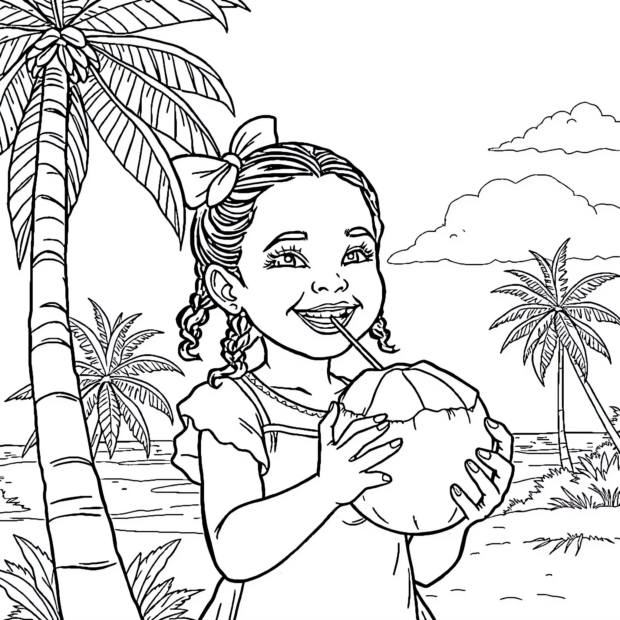Girl enjoying a tropical beach with palm trees Coloring Page (free black-and-white line drawing printable PDF for all, from beginners to advanced learners, including children, teens, adults, and seniors)