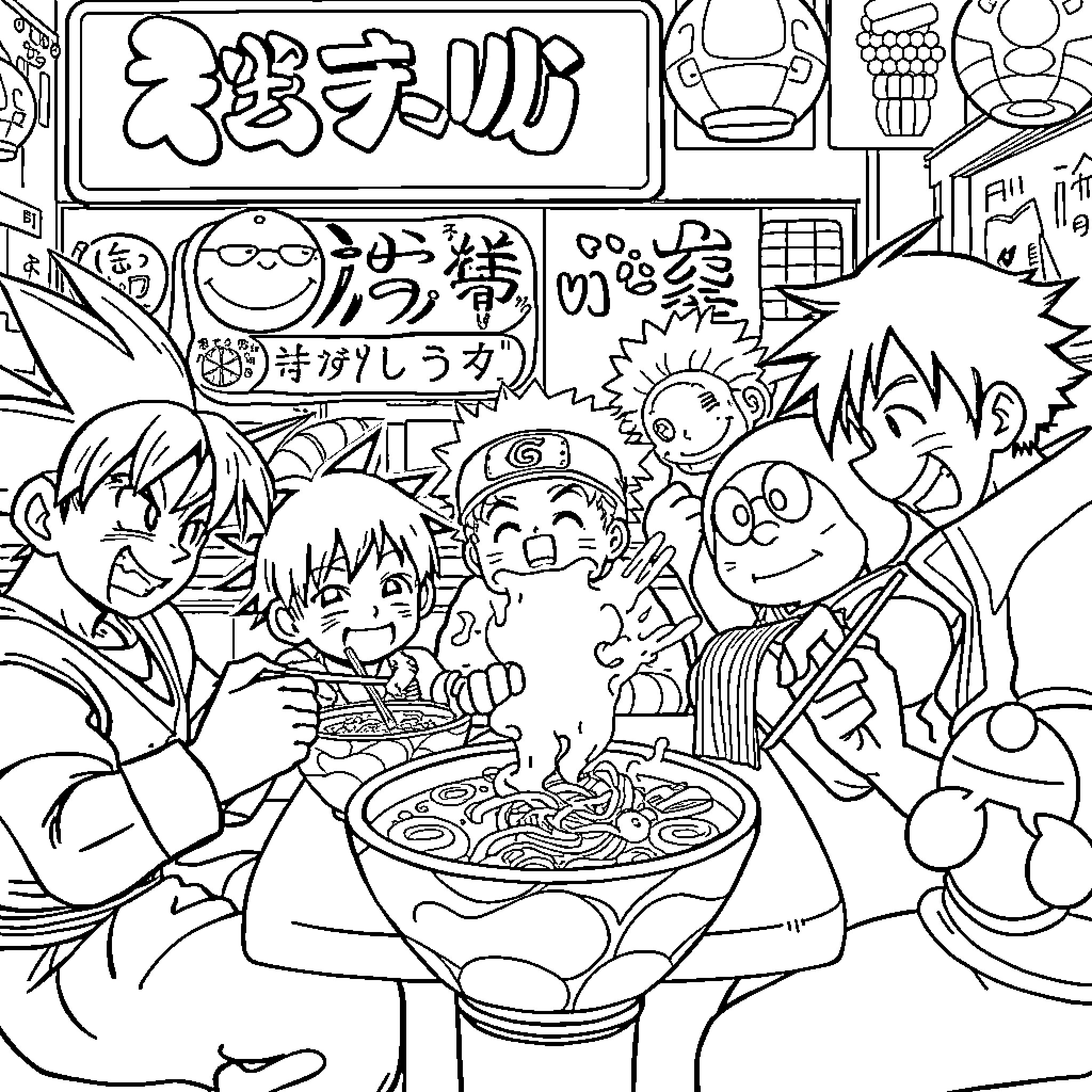 Character enjoying ramen with friends in a lively scene Coloring Page (free black-and-white line drawing printable PDF for all, from beginners to advanced learners, including children, teens, adults, and seniors)