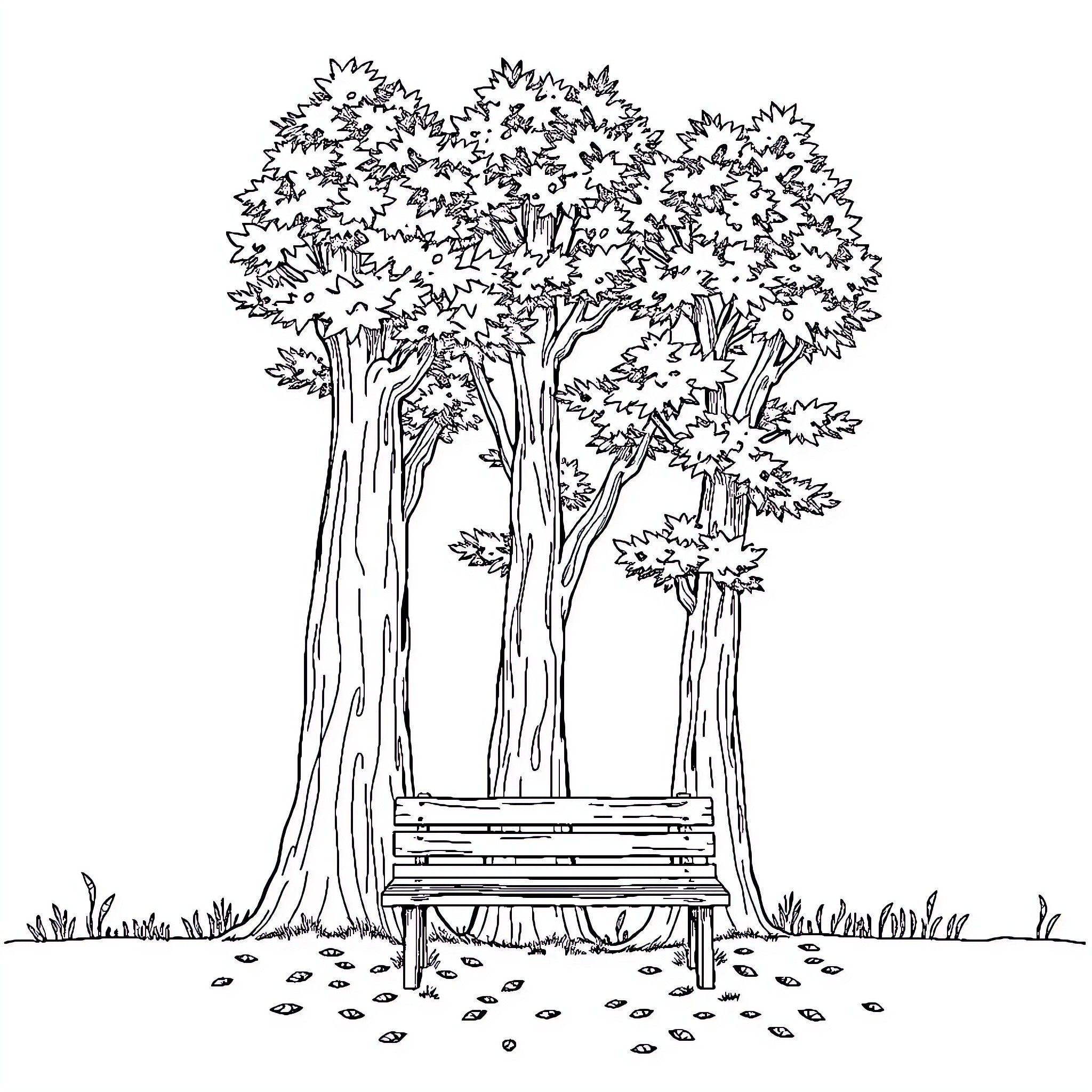 Tree-lined bench under the canopy Coloring Page (free black-and-white line drawing printable PDF for all, from beginners to advanced learners, including children, teens, adults, and seniors)