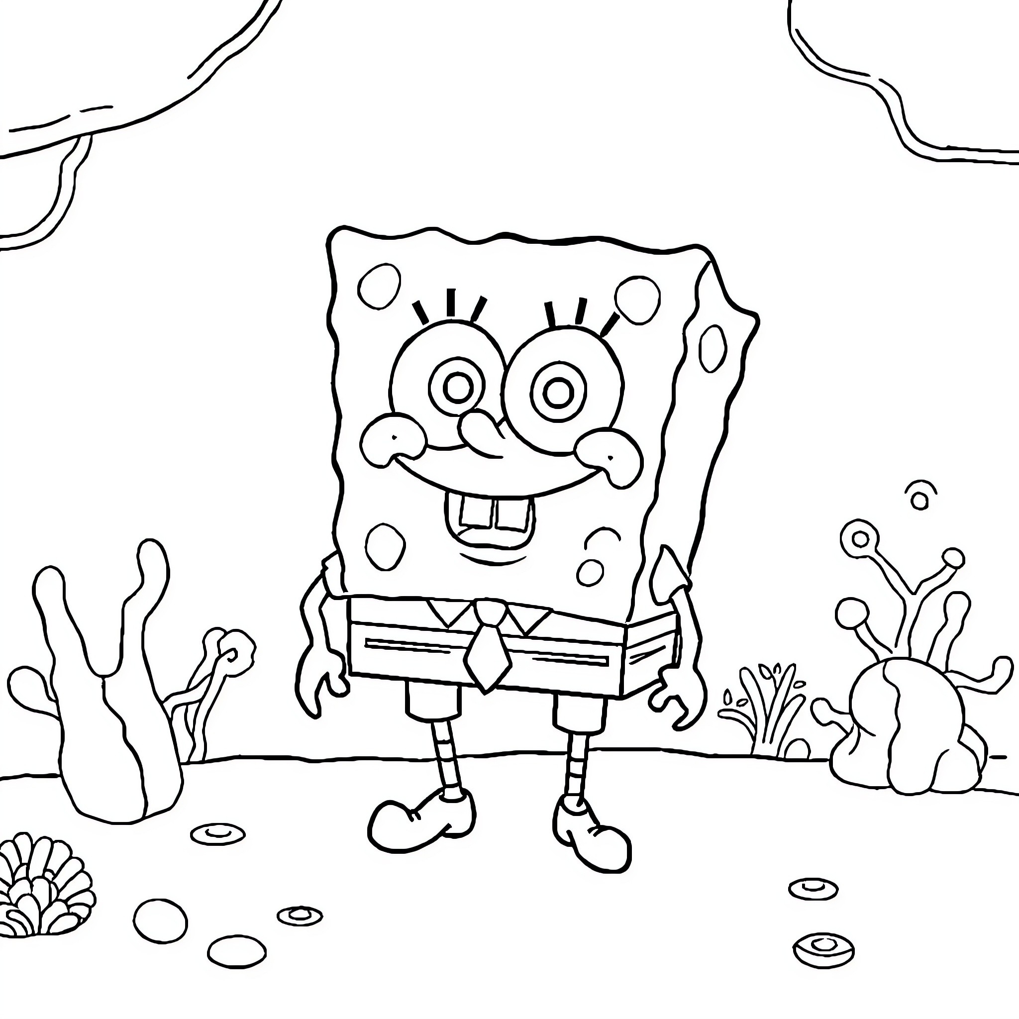 Spongebob's Underwater Adventure Coloring Page (free black-and-white line drawing printable PDF for all, from beginners to advanced learners, including children, teens, adults, and seniors)