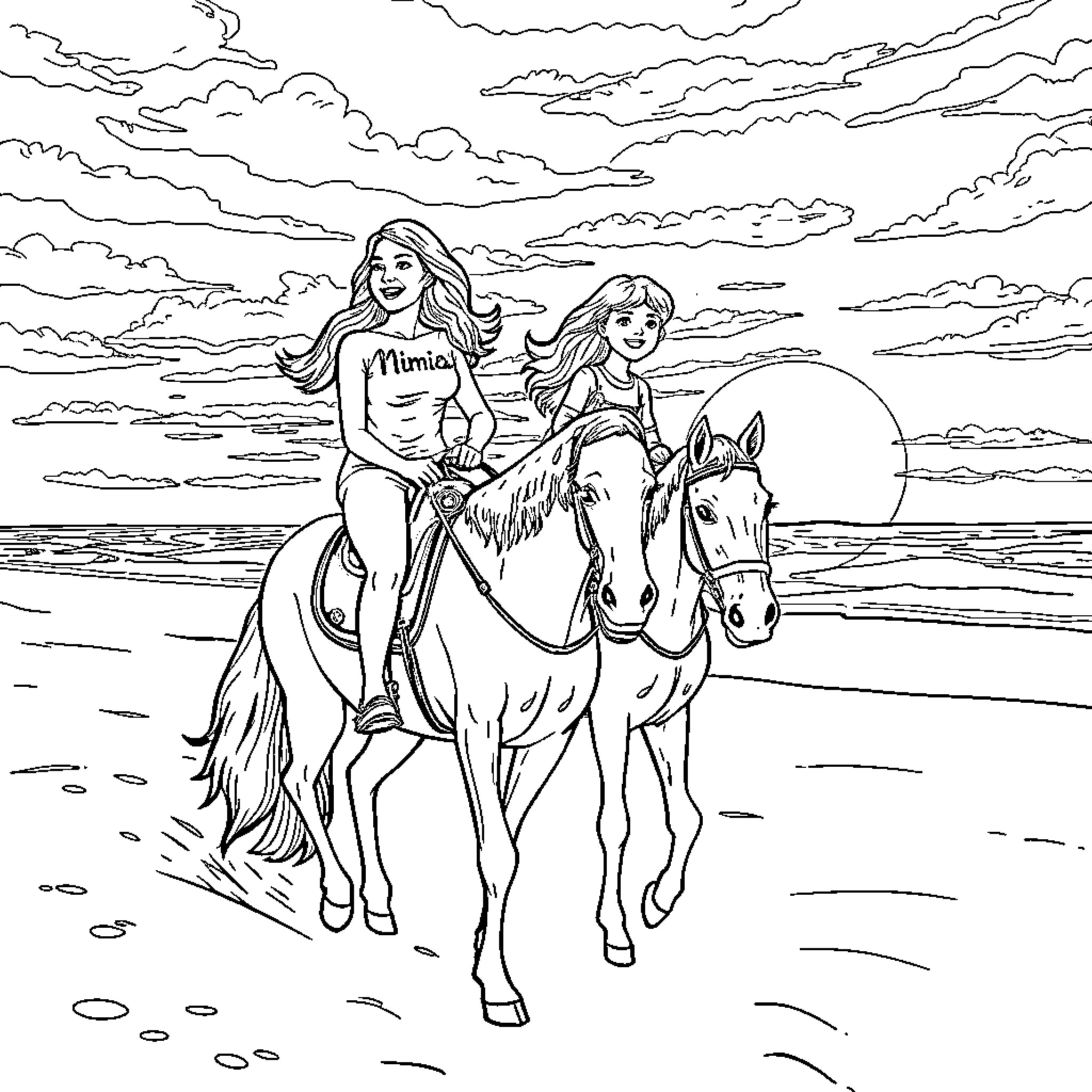 Grandma and granddaughter riding horses on the beach Coloring Page (free black-and-white line drawing printable PDF for all, from beginners to advanced learners, including children, teens, adults, and seniors)