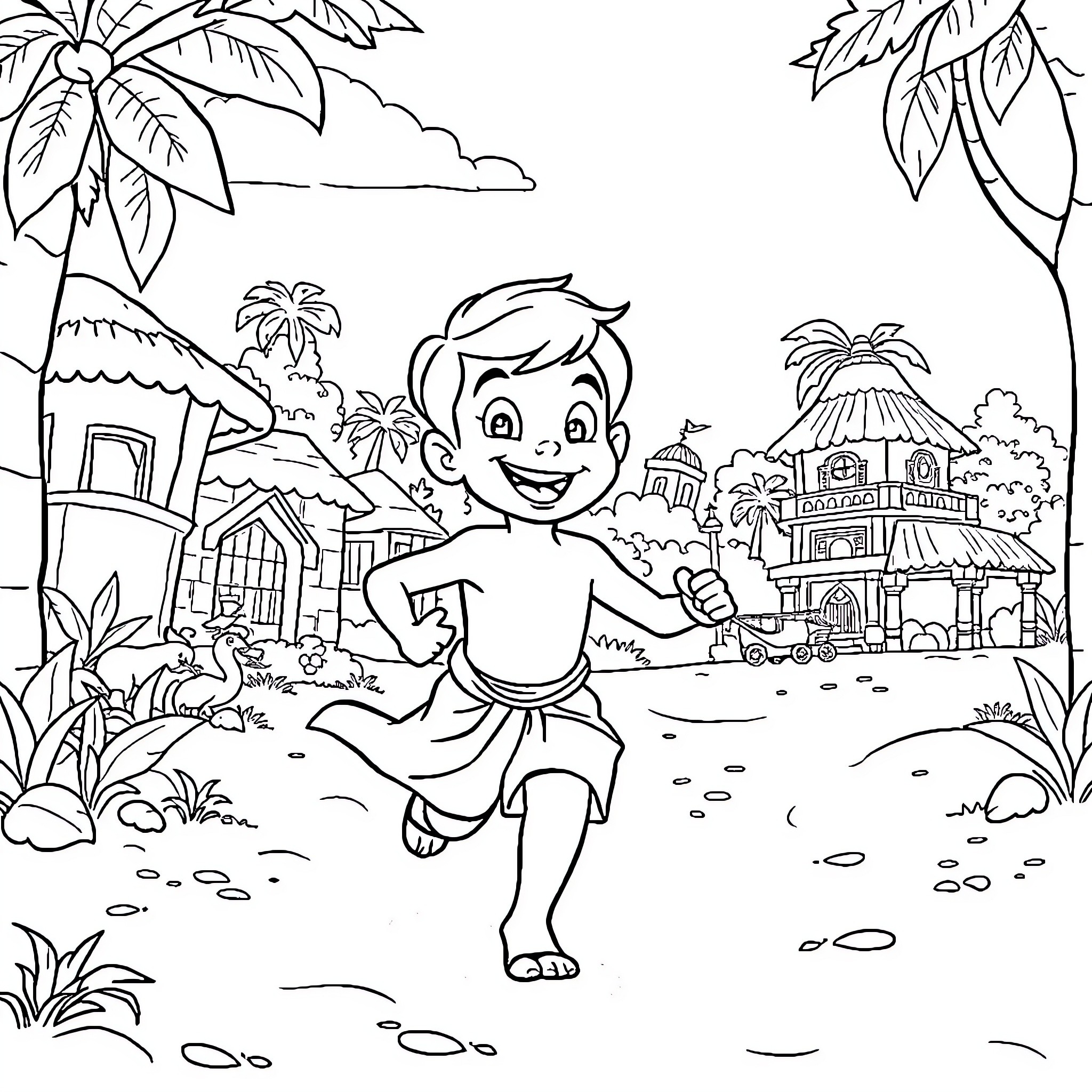 Chota Bheem playing happily in the village Coloring Page (free black-and-white line drawing printable PDF for all, from beginners to advanced learners, including children, teens, adults, and seniors)