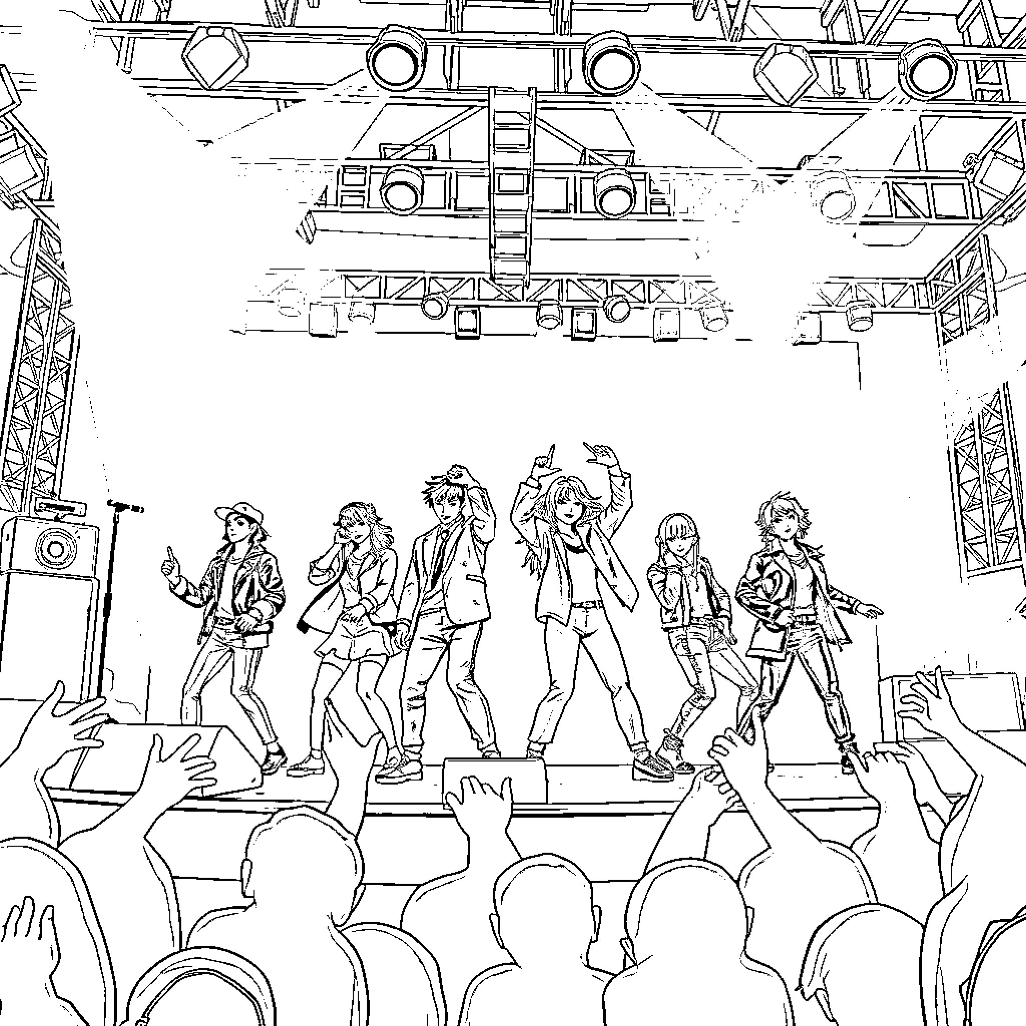 Kpop artists performing energetic dance moves on stage Coloring Page (free black-and-white line drawing printable PDF for all, from beginners to advanced learners, including children, teens, adults, and seniors)