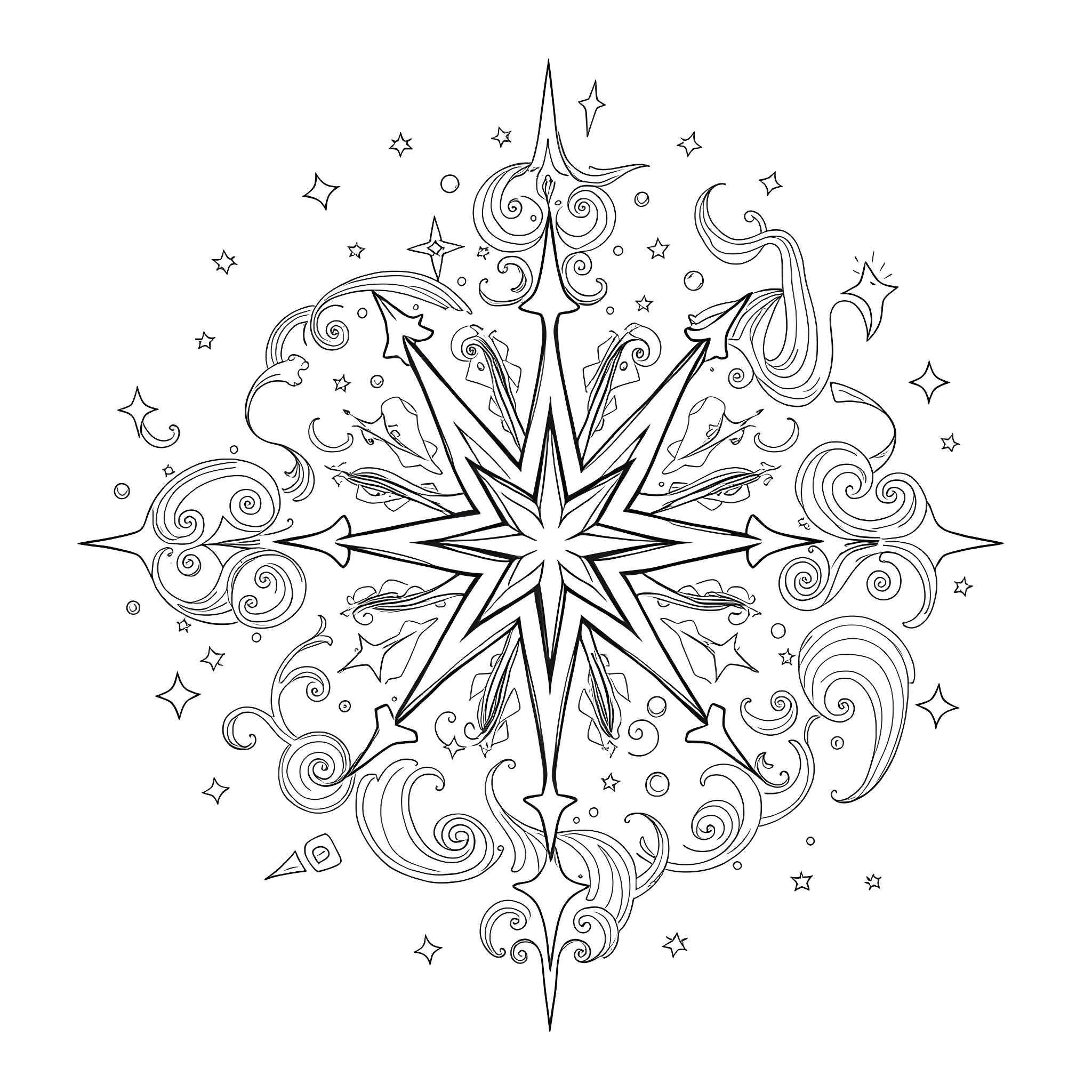 Assembly of Celestial Star Patterns Coloring Page (free black-and-white line drawing printable PDF for all, from beginners to advanced learners, including children, teens, adults, and seniors)