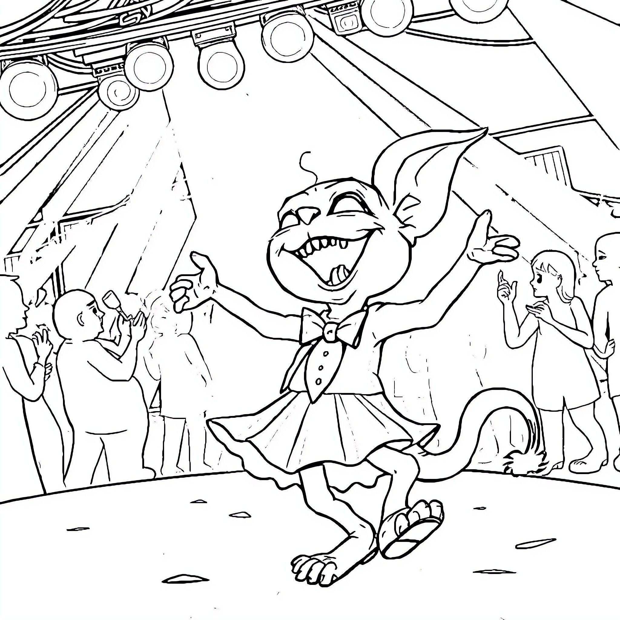 Sylvanian Entertainer Delights the Crowd Coloring Page (free black-and-white line drawing printable PDF for all, from beginners to advanced learners, including children, teens, adults, and seniors)