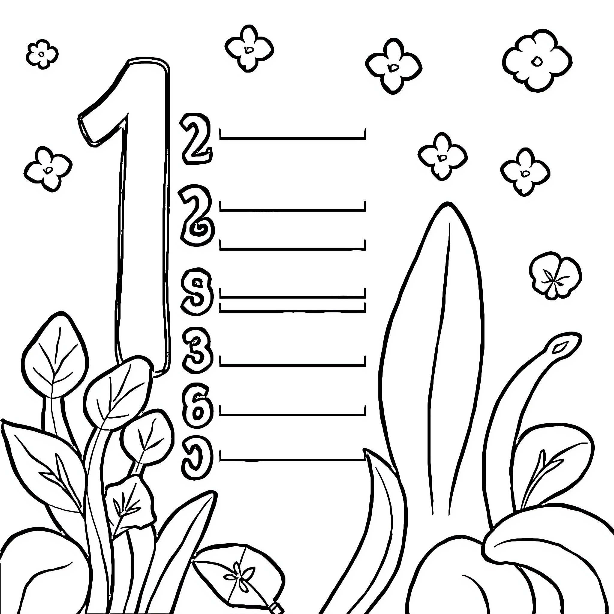 Number Counting Leaves and Flowers Nature Scene Coloring Page (free black-and-white line drawing printable PDF for all, from beginners to advanced learners, including children, teens, adults, and seniors)