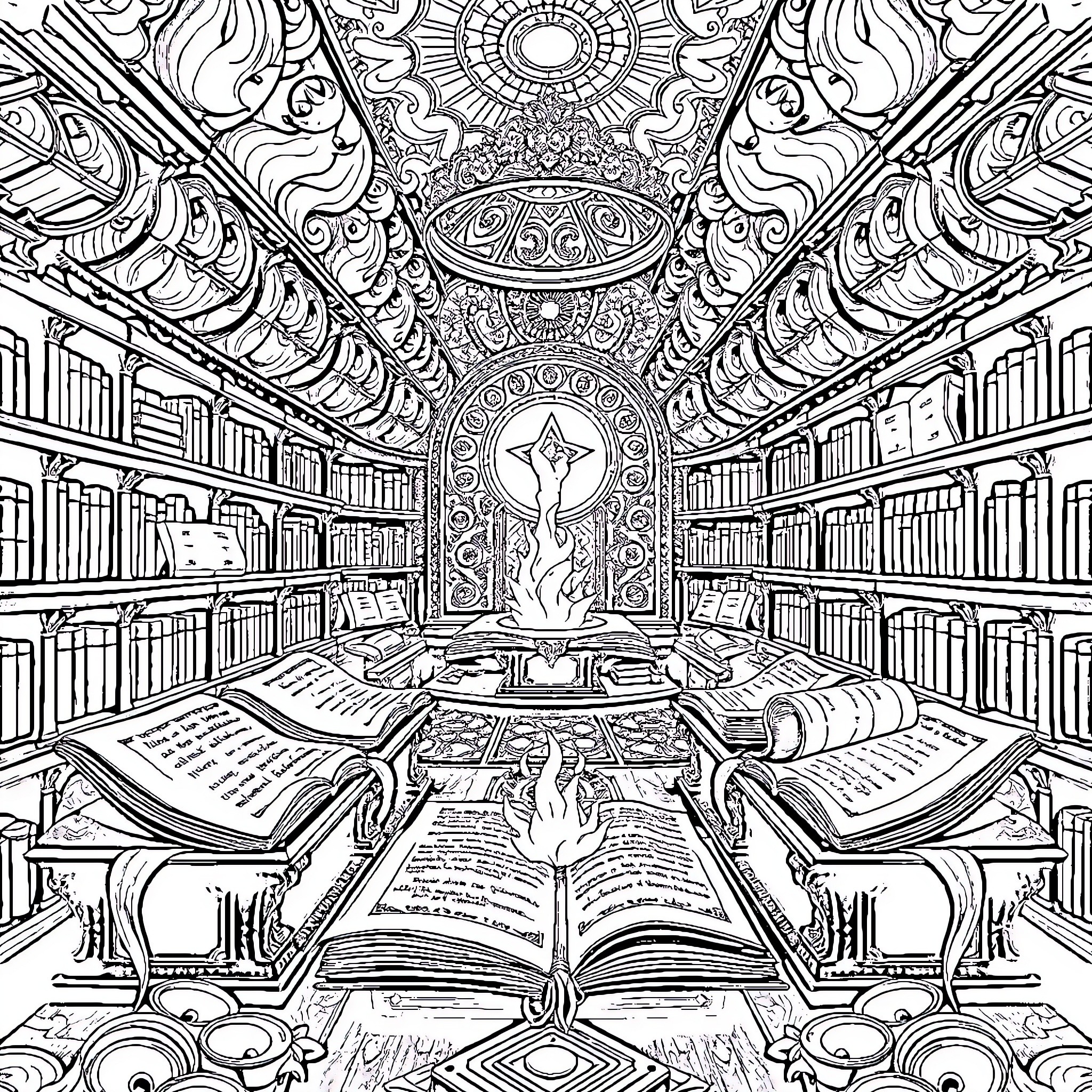 Akashic Records: Mystical Library of Enlightenment Coloring Page (free black-and-white line drawing printable PDF for all, from beginners to advanced learners, including children, teens, adults, and seniors)