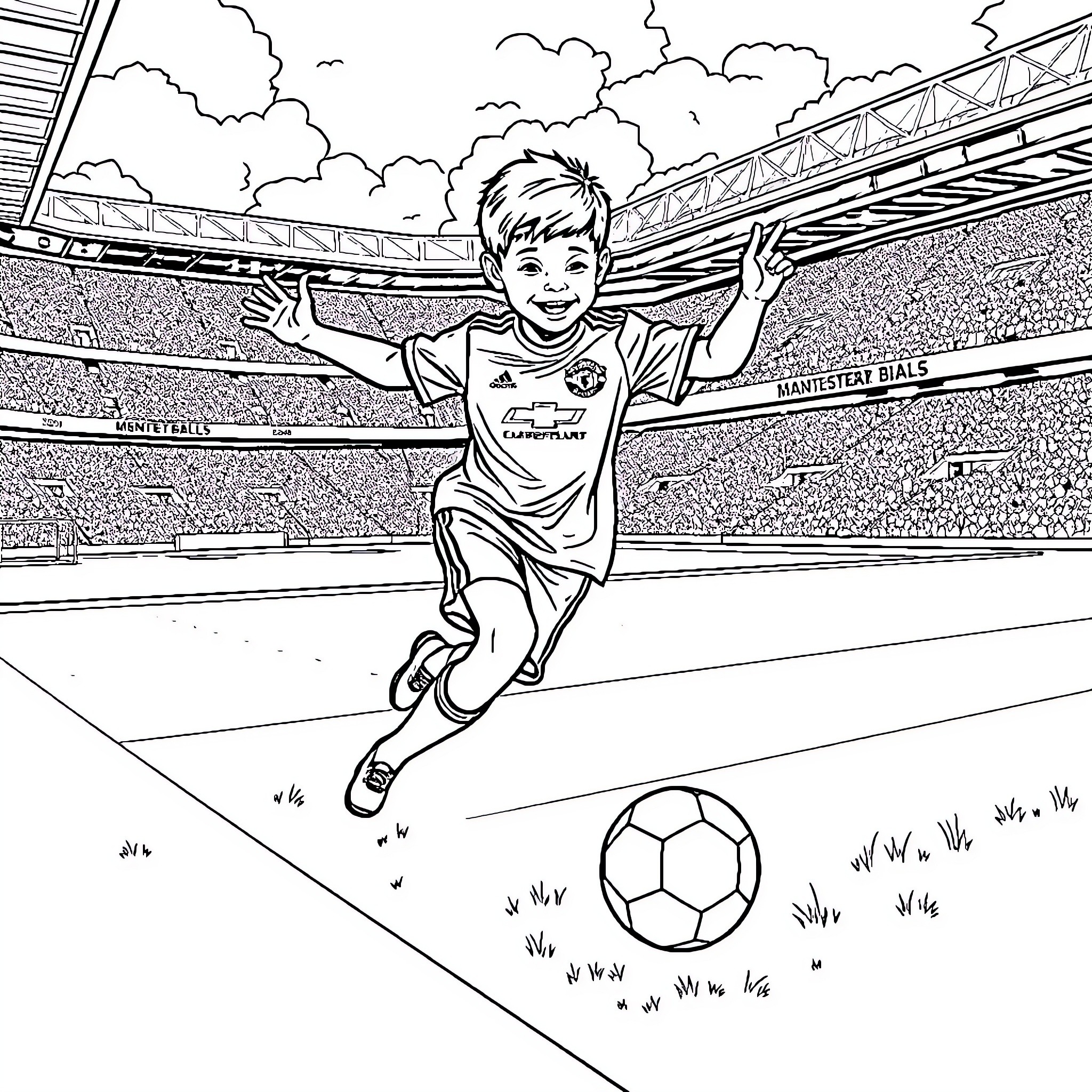 Boy celebrating victory on football pitch Coloring Page (free black-and-white line drawing printable PDF for all, from beginners to advanced learners, including children, teens, adults, and seniors)