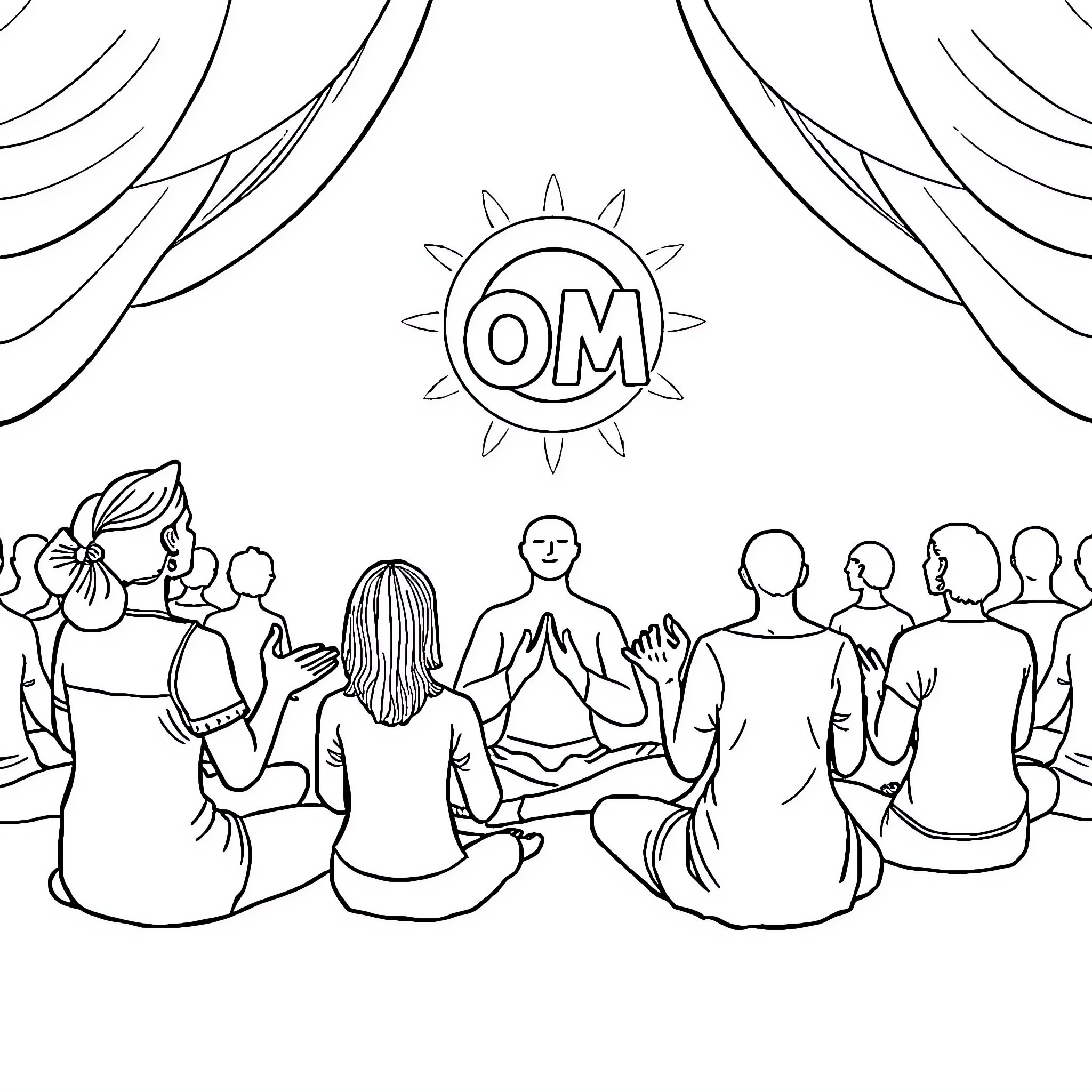 Om: Meditation and Spiritual Gathering Coloring Page (free black-and-white line drawing printable PDF for all, from beginners to advanced learners, including children, teens, adults, and seniors)
