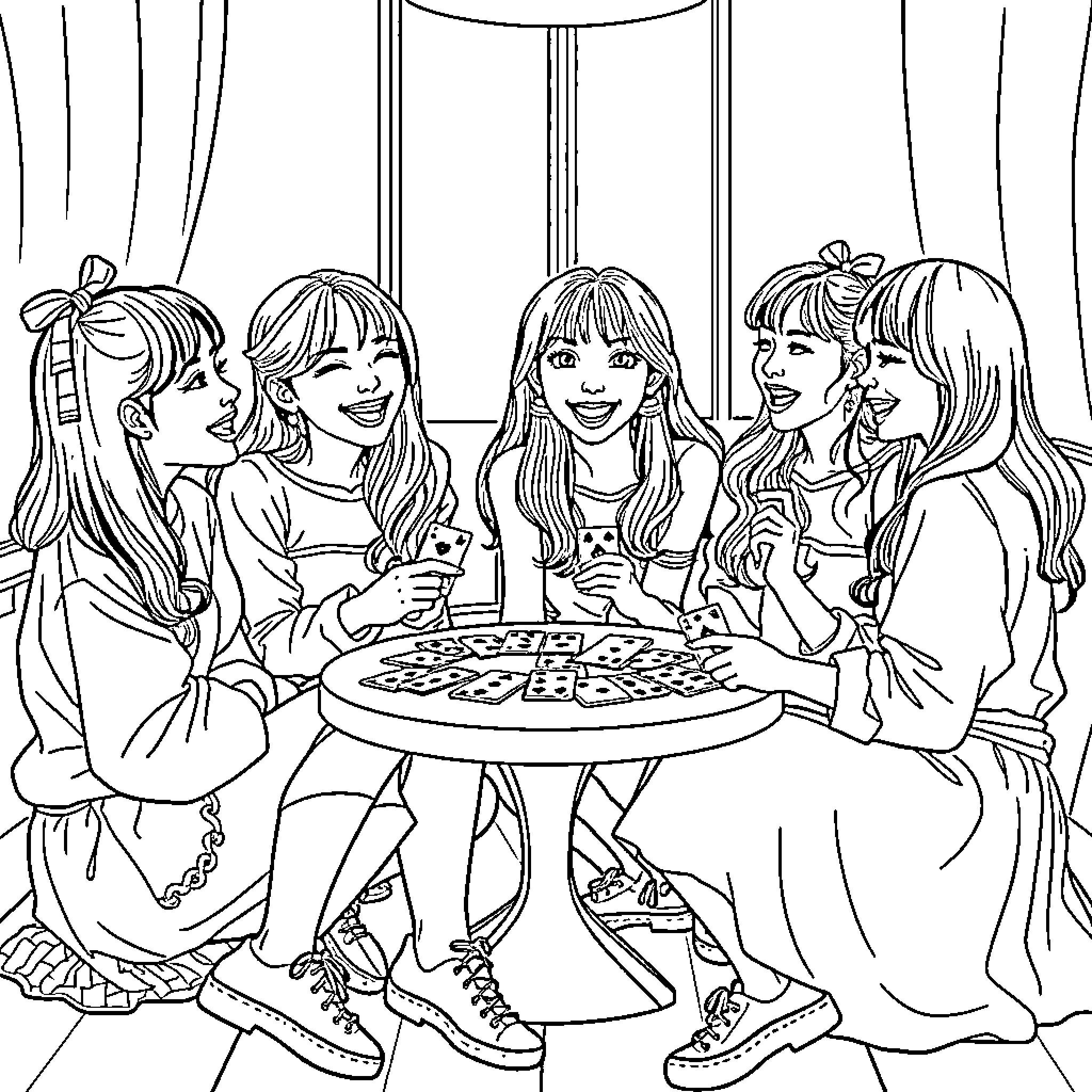 K-pop Girl Group Hanging Out and Enjoying a Meal Together Coloring Page (free black-and-white line drawing printable PDF for all, from beginners to advanced learners, including children, teens, adults, and seniors)