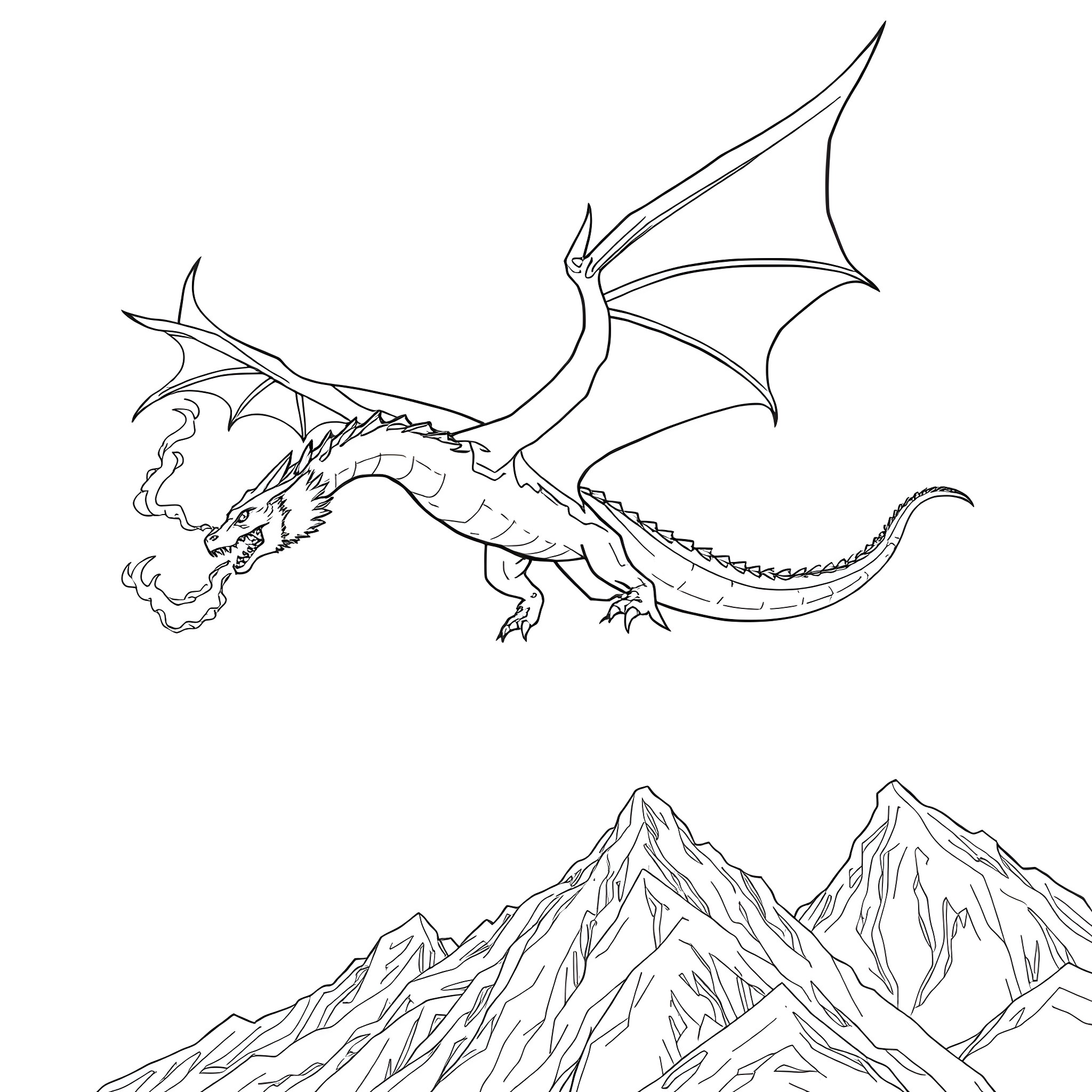 Dragon soaring over majestic mountains Coloring Page (free black-and-white line drawing printable PDF for all, from beginners to advanced learners, including children, teens, adults, and seniors)
