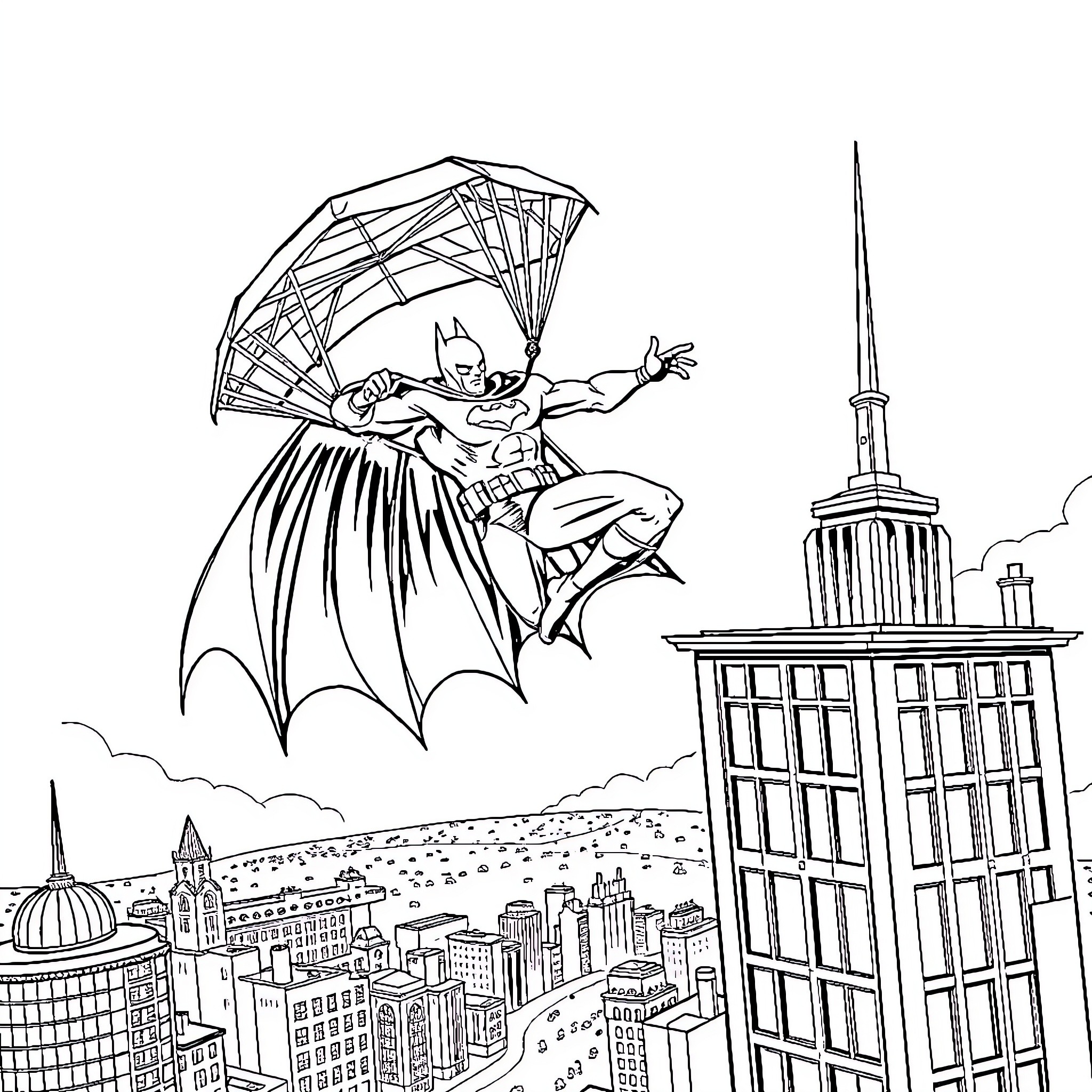 Batman soaring through the city skyline Coloring Page (free black-and-white line drawing printable PDF for all, from beginners to advanced learners, including children, teens, adults, and seniors)