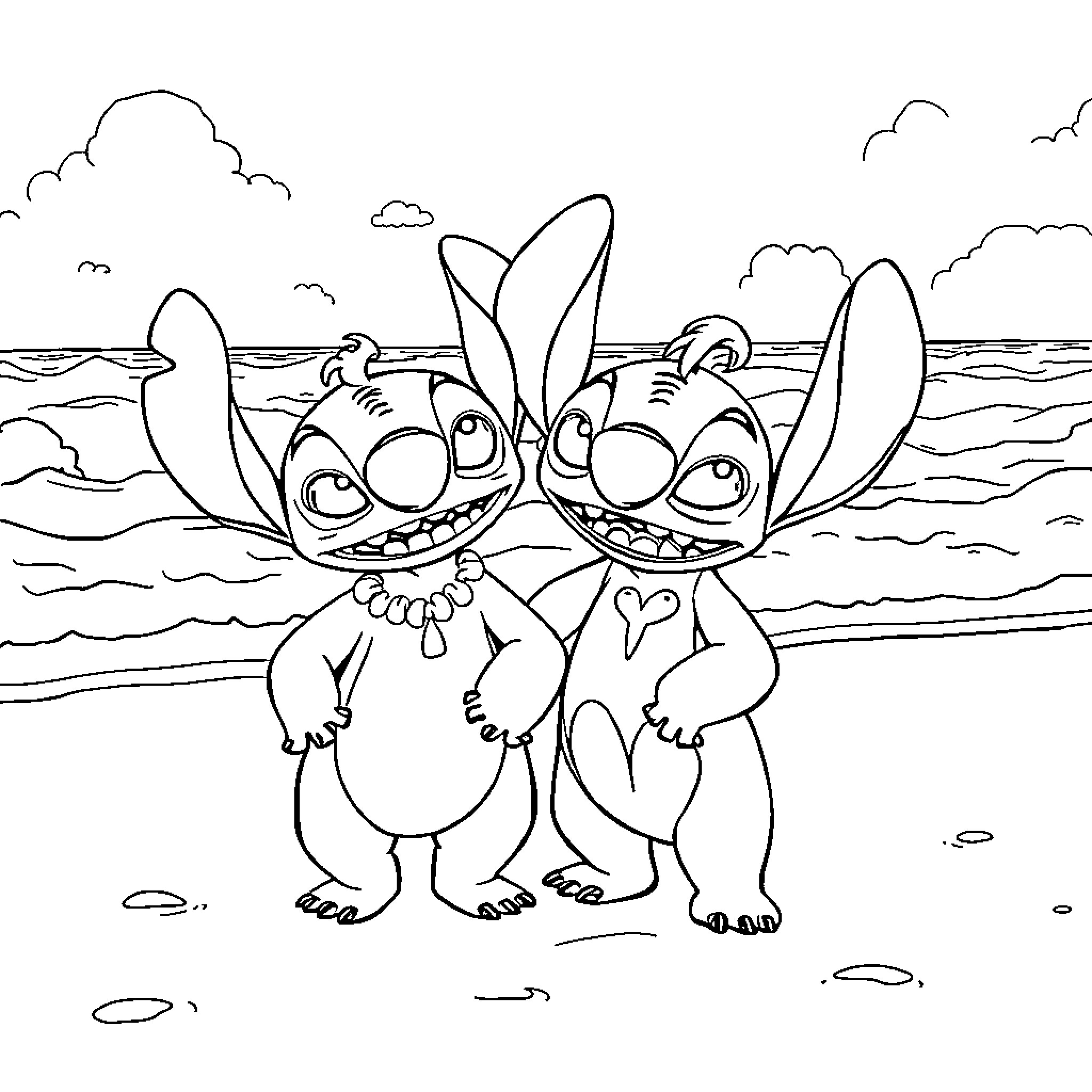 Jumba's Curious Stitch Adventure at the Beach Coloring Page (free black-and-white line drawing printable PDF for all, from beginners to advanced learners, including children, teens, adults, and seniors)