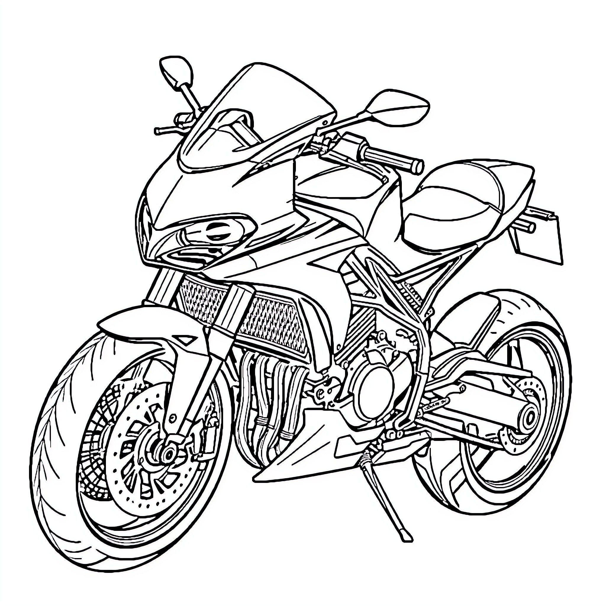 Ducati motorcycle speeding down the road Coloring Page (free black-and-white line drawing printable PDF for all, from beginners to advanced learners, including children, teens, adults, and seniors)