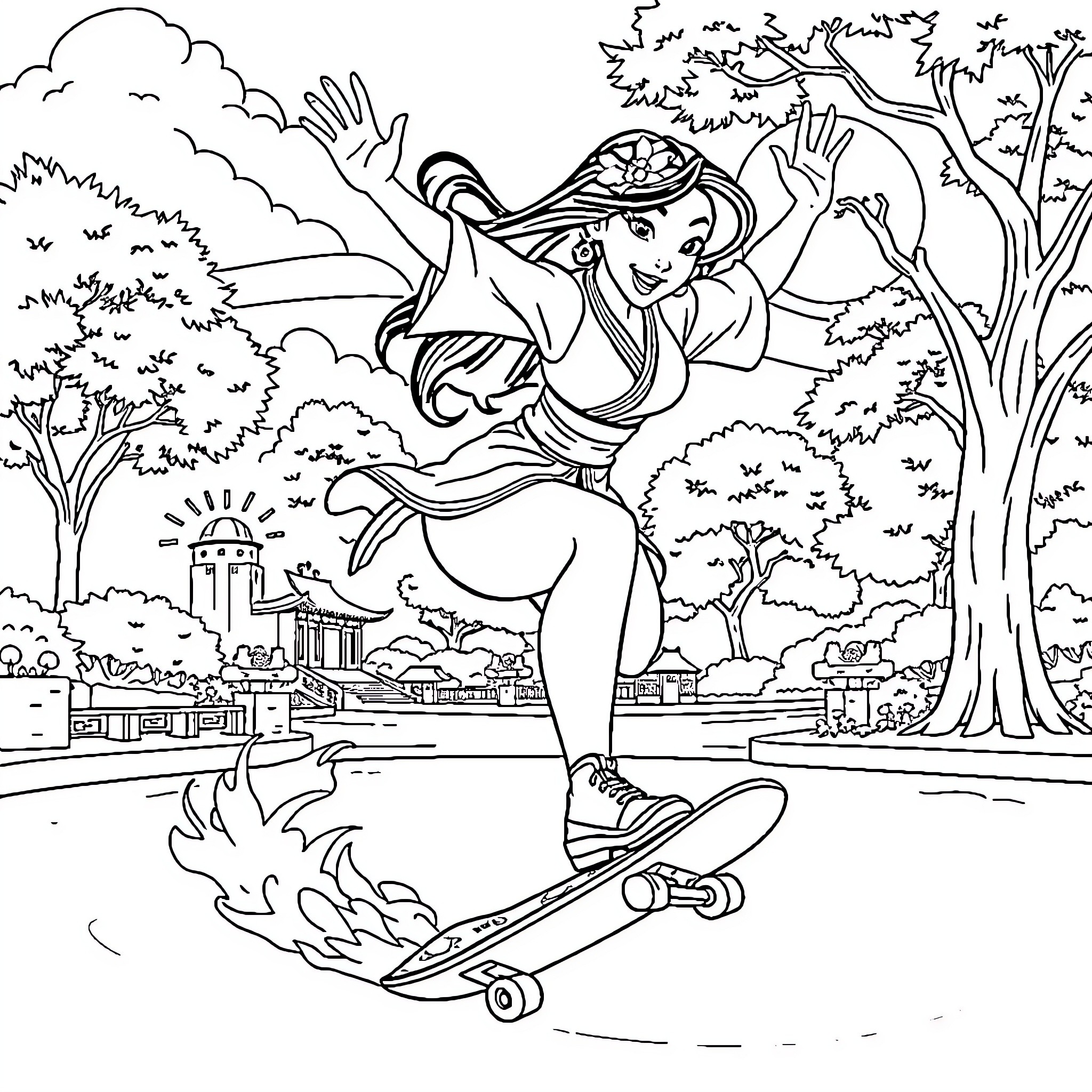 Mulan skateboarding through a scenic landscape Coloring Page (free black-and-white line drawing printable PDF for all, from beginners to advanced learners, including children, teens, adults, and seniors)