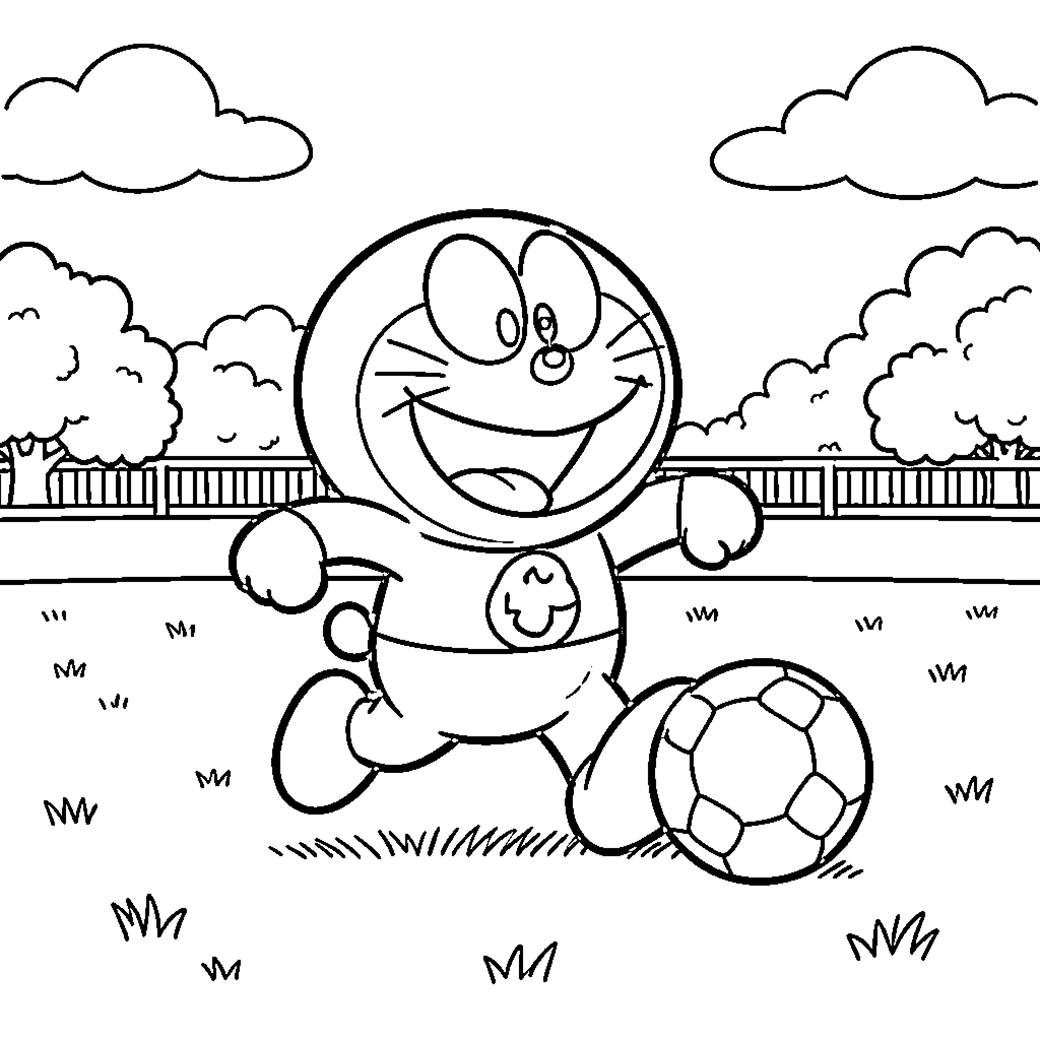 Doraemon playing soccer joyfully in a grassy field Coloring Page (free black-and-white line drawing printable PDF for all, from beginners to advanced learners, including children, teens, adults, and seniors)