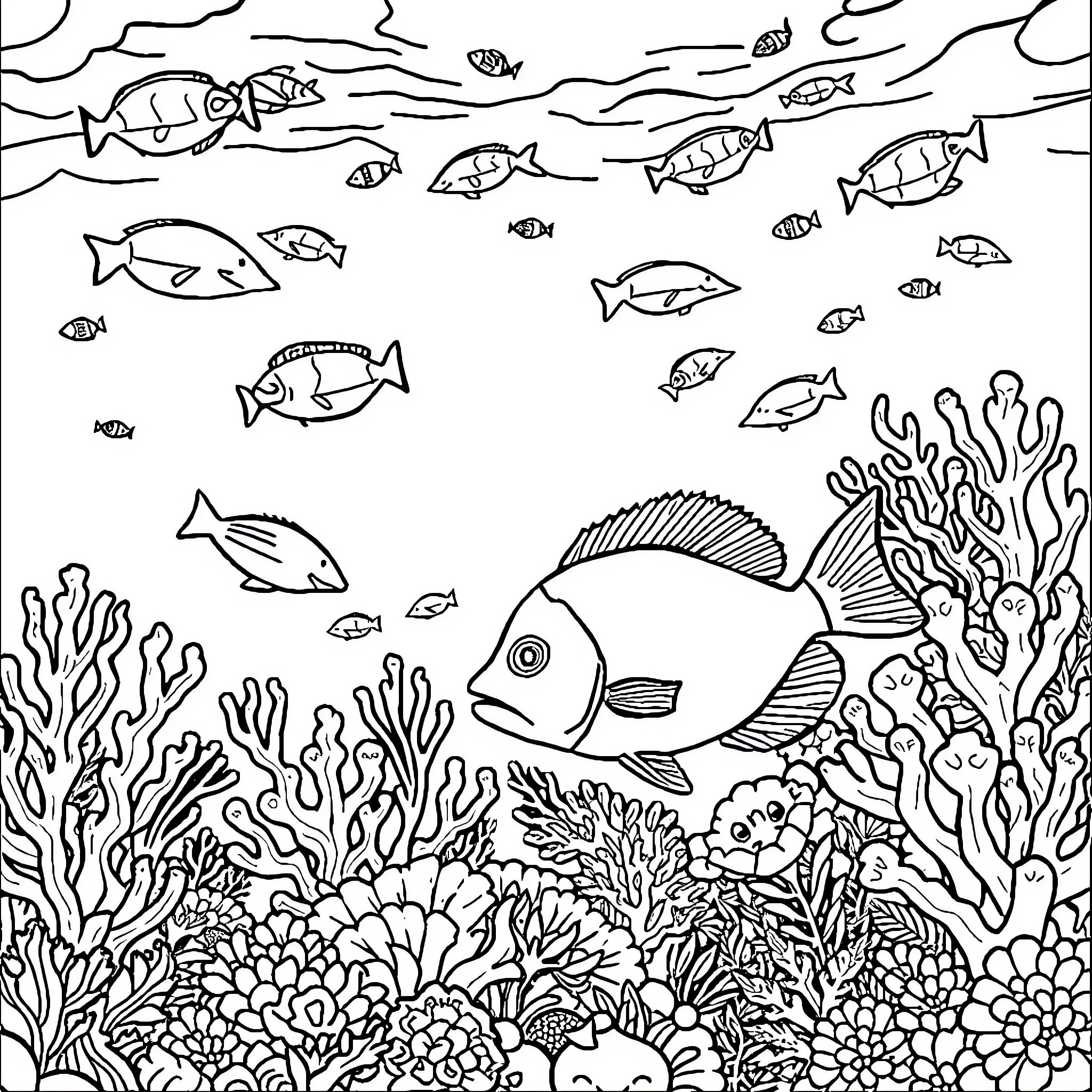 Sea Life Underwater Scene with Diverse Fish and Coral Coloring Page (free black-and-white line drawing printable PDF for all, from beginners to advanced learners, including children, teens, adults, and seniors)