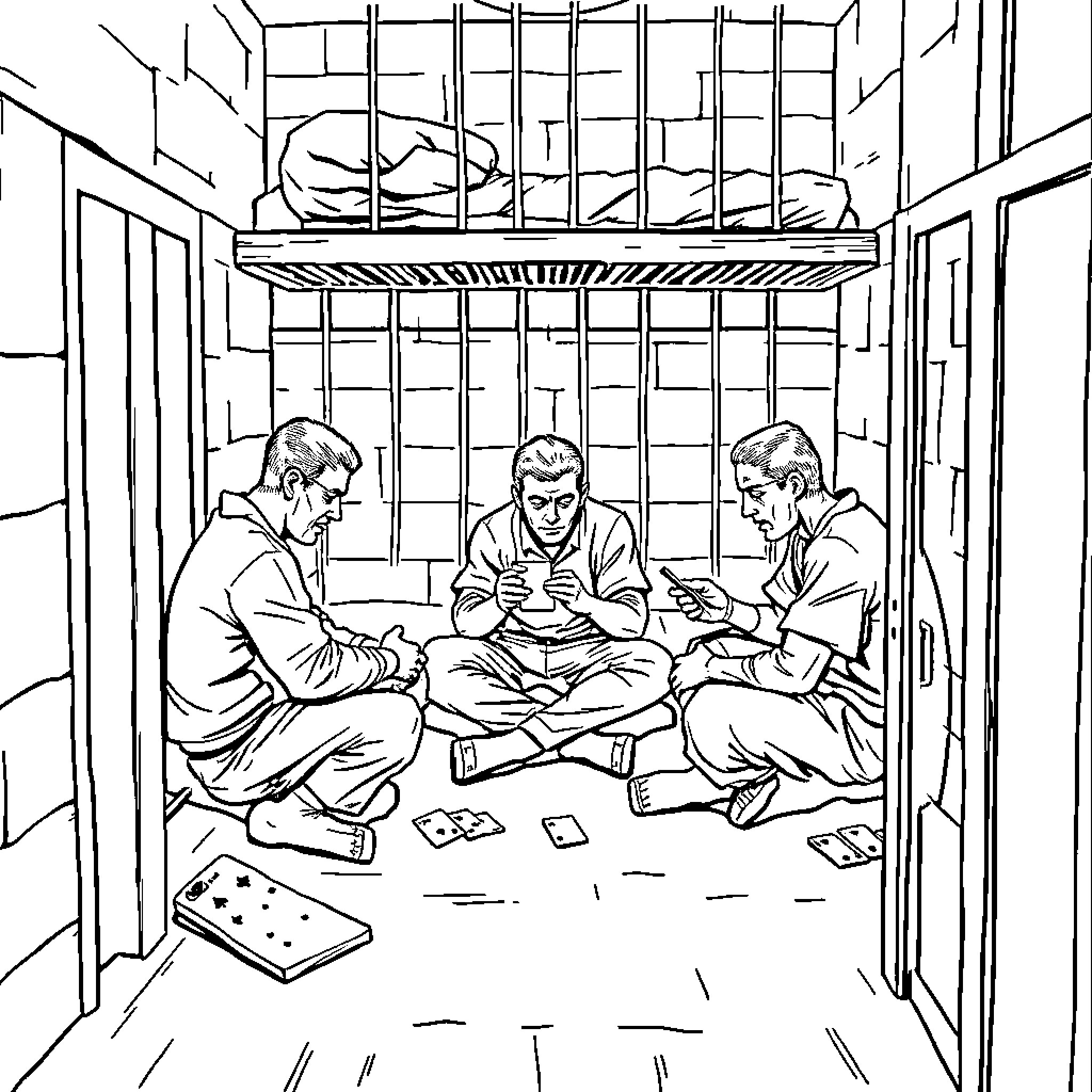 Prisoners playing cards in confinement Coloring Page (free black-and-white line drawing printable PDF for all, from beginners to advanced learners, including children, teens, adults, and seniors)