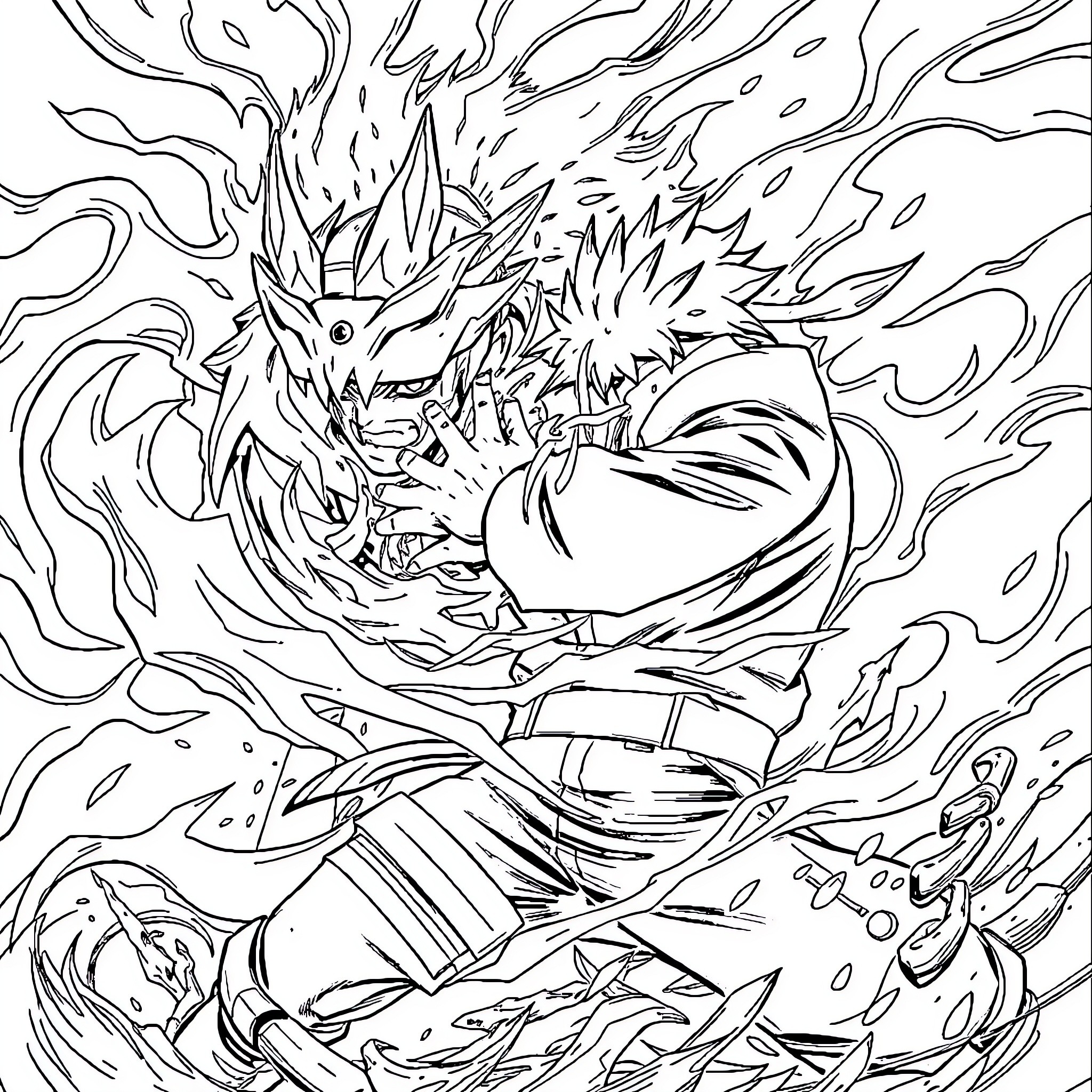 Naruto in intense battle with powerful flames Coloring Page (free black-and-white line drawing printable PDF for all, from beginners to advanced learners, including children, teens, adults, and seniors)