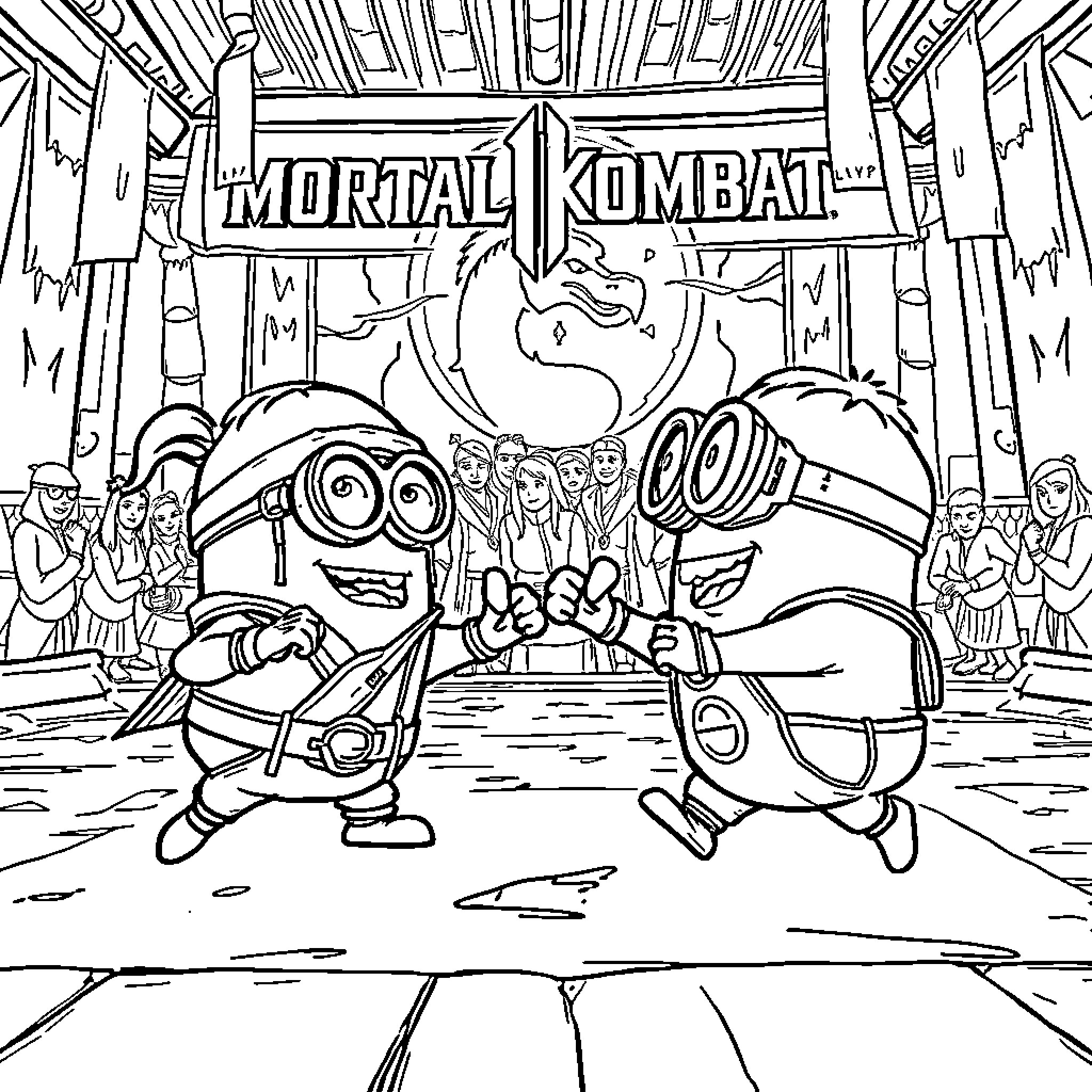 Minions engaging in Mortal Kombat combat Coloring Page (free black-and-white line drawing printable PDF for all, from beginners to advanced learners, including children, teens, adults, and seniors)