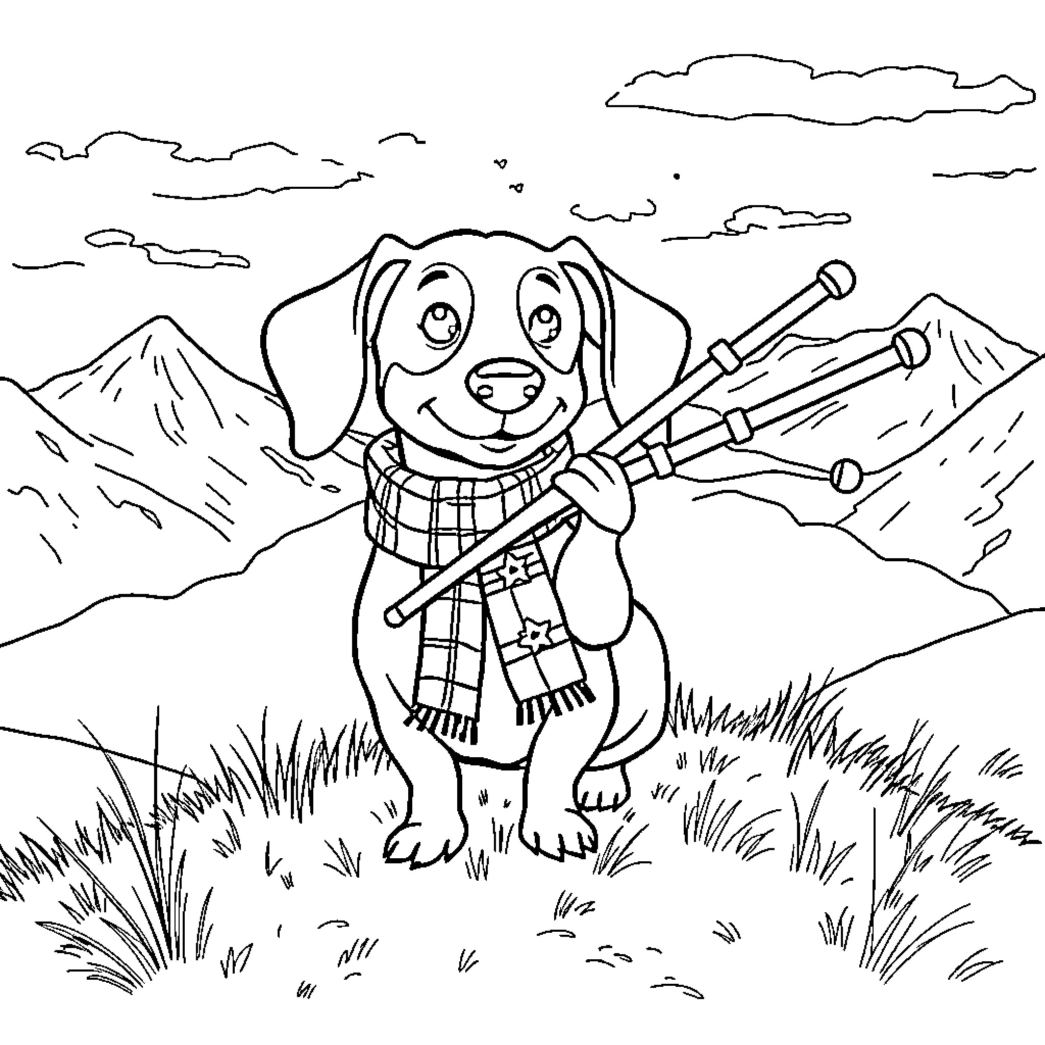 Dachshund hiking with hiking gear in the mountains Coloring Page (free black-and-white line drawing printable PDF for all, from beginners to advanced learners, including children, teens, adults, and seniors)