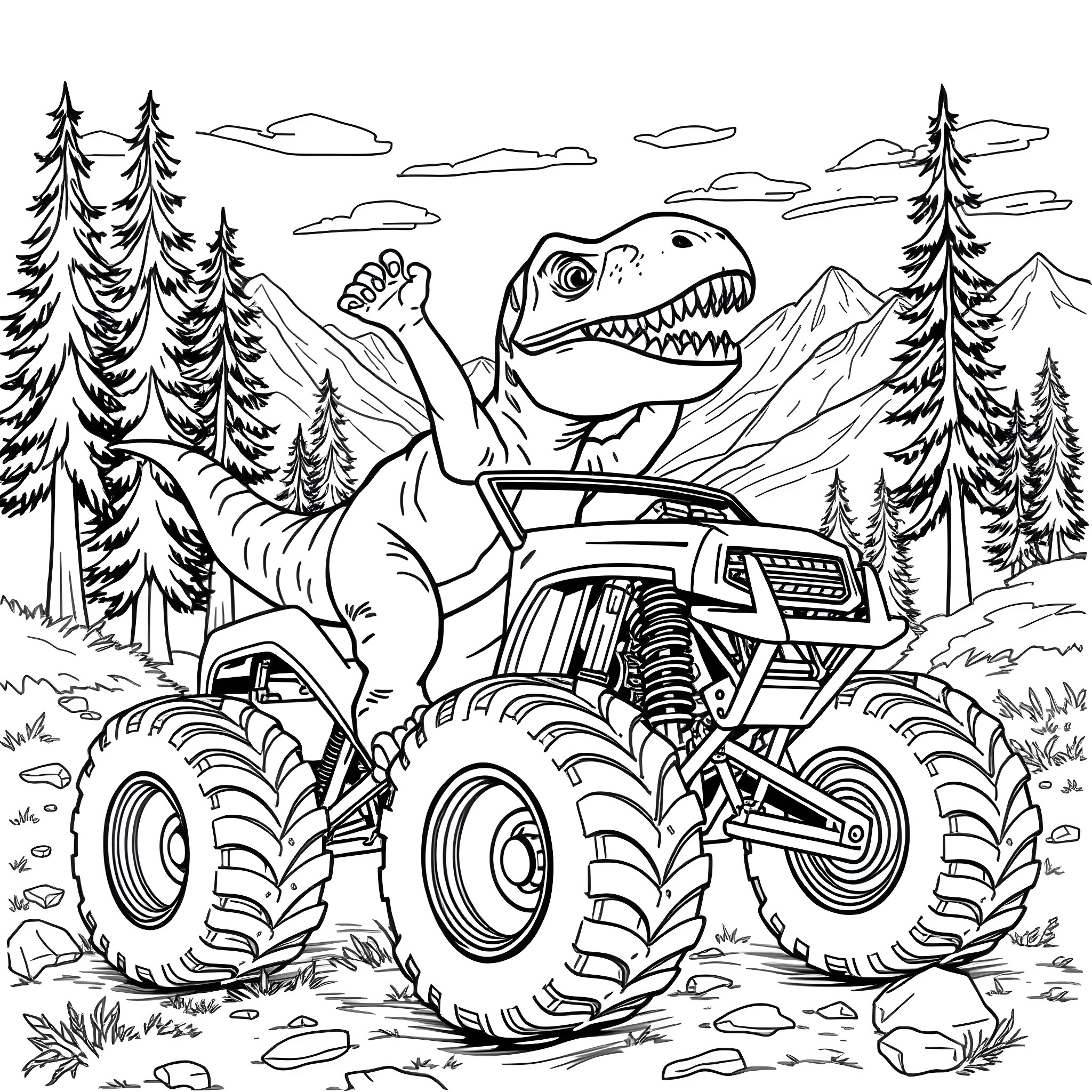 T-Rex driving a monster truck through the forest Coloring Page (free black-and-white line drawing printable PDF for all, from beginners to advanced learners, including children, teens, adults, and seniors)