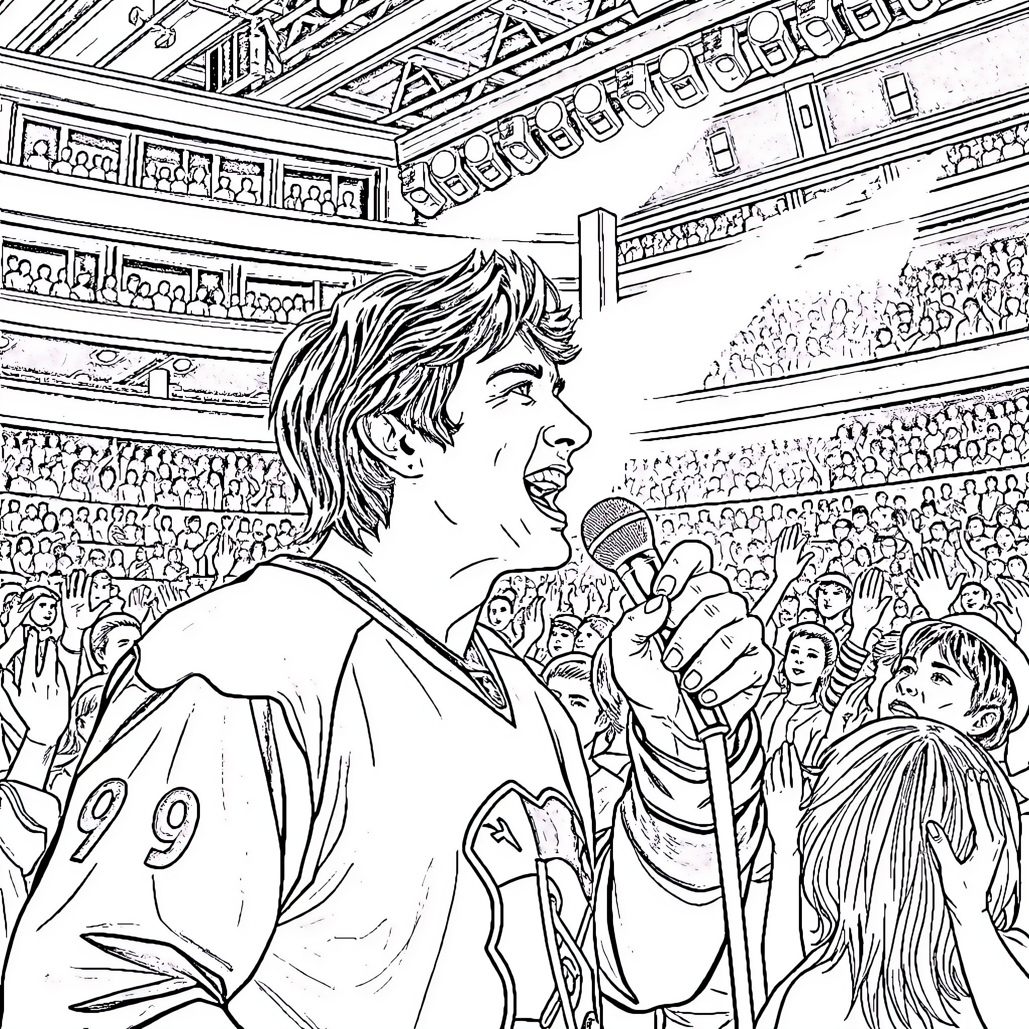 Sidney Crosby performing on stage with a microphone Coloring Page (free black-and-white line drawing printable PDF for all, from beginners to advanced learners, including children, teens, adults, and seniors)